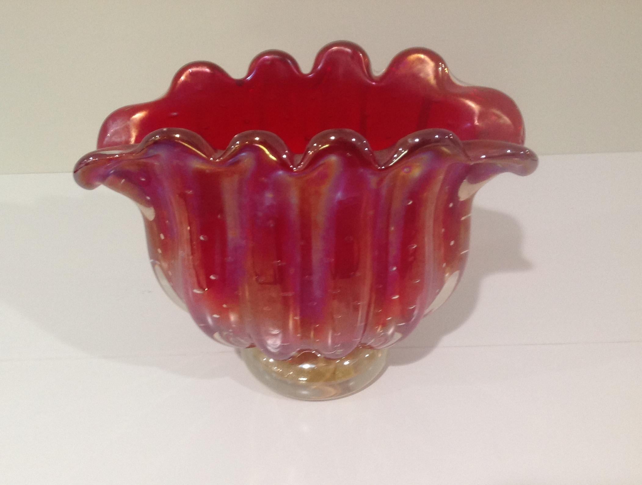 Italian Barovier and Toso Murano Brilliant Red and Gold Irridescent Footed Glass Vase For Sale
