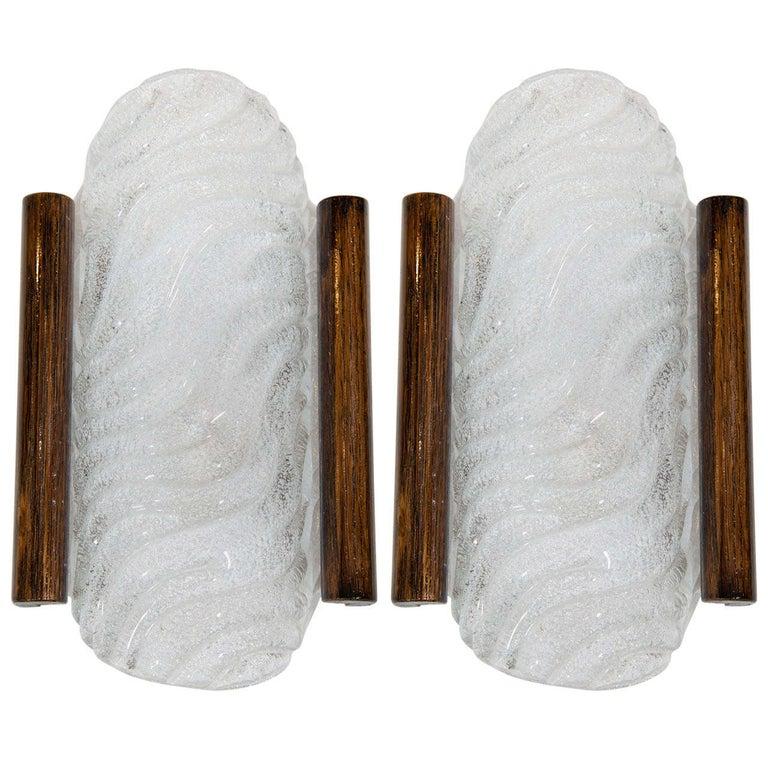 Metal Barovier and Toso Murano Glass Sconces with Wood Detail, 1950s