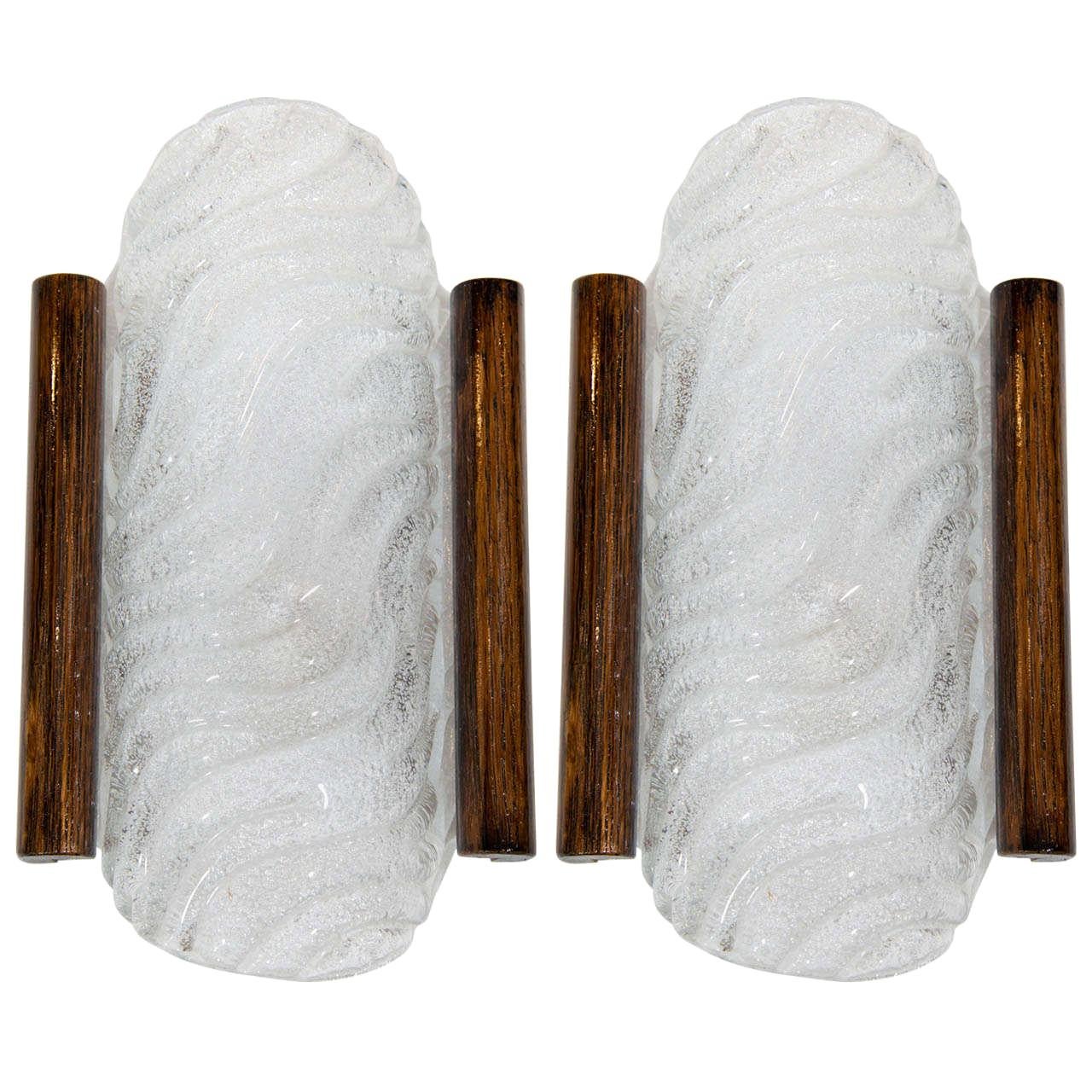 Barovier and Toso Murano Glass Sconces with Wood Detail, 1950s