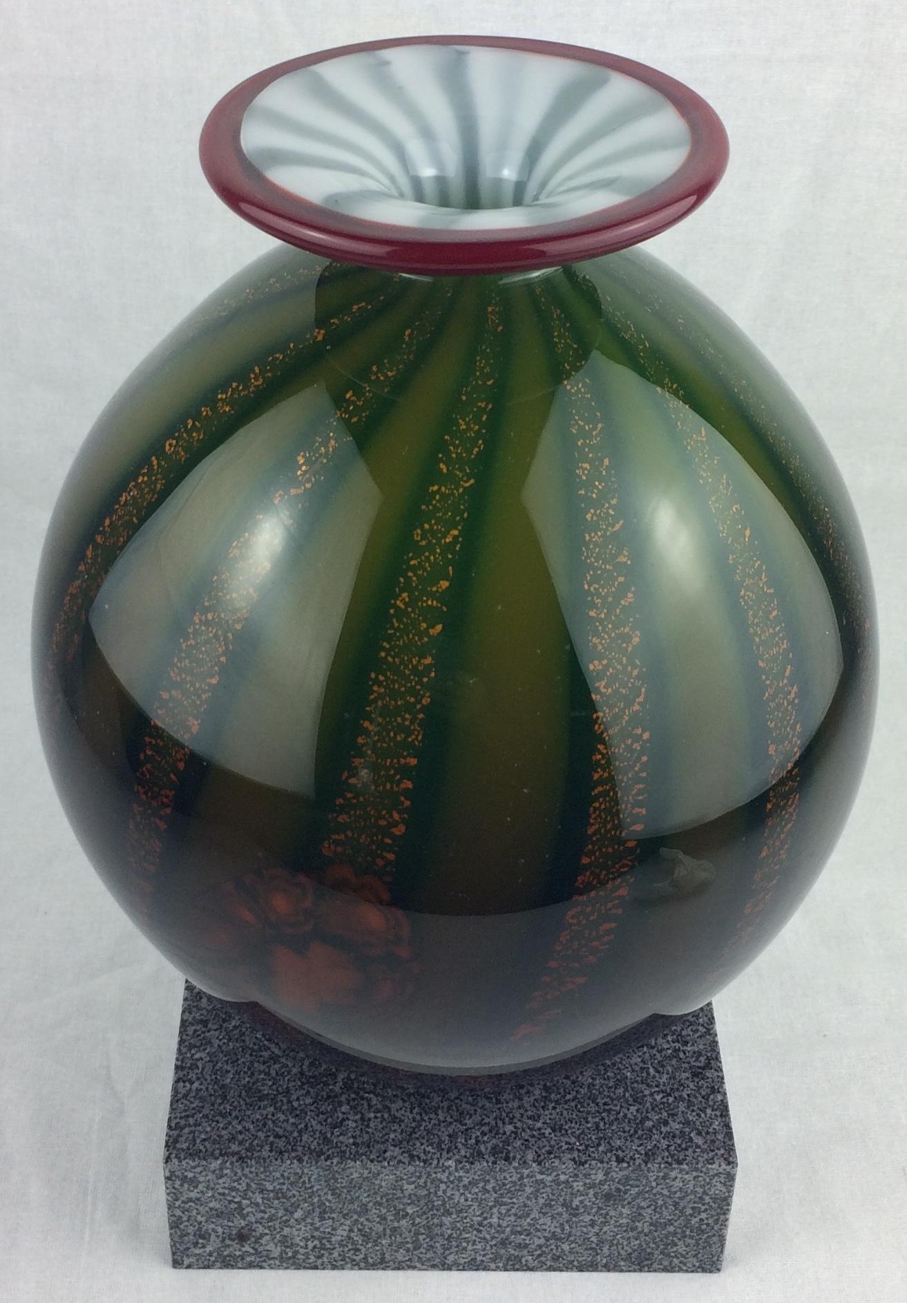 Italian Barovier and Toso Murano Multicolored Aventurine Art Glass Vase Marble Base For Sale