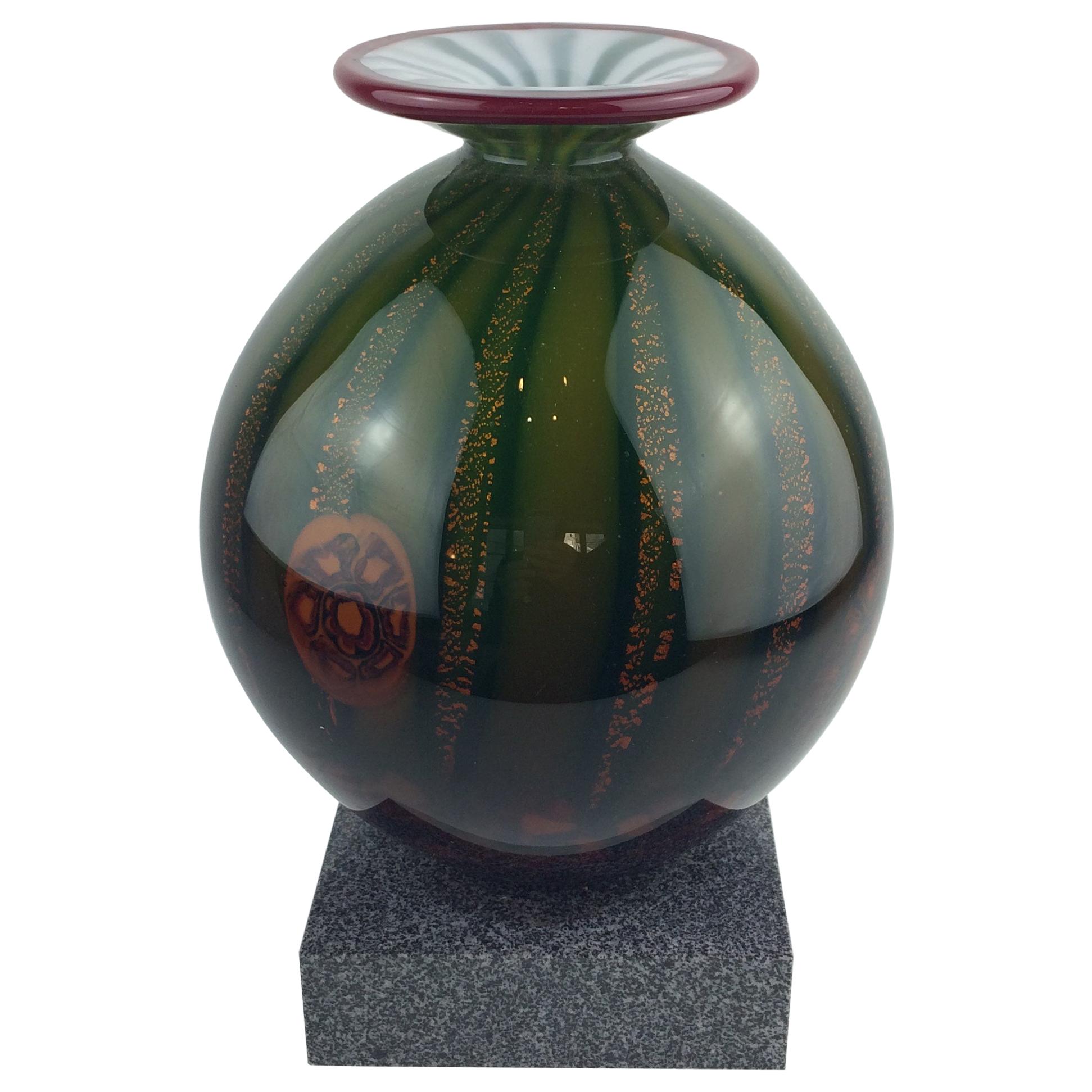 Barovier and Toso Murano Multicolored Aventurine Art Glass Vase Marble Base For Sale