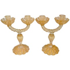 Barovier and Toso Murano Pair of Double Candlesticks by Ercole Barovier