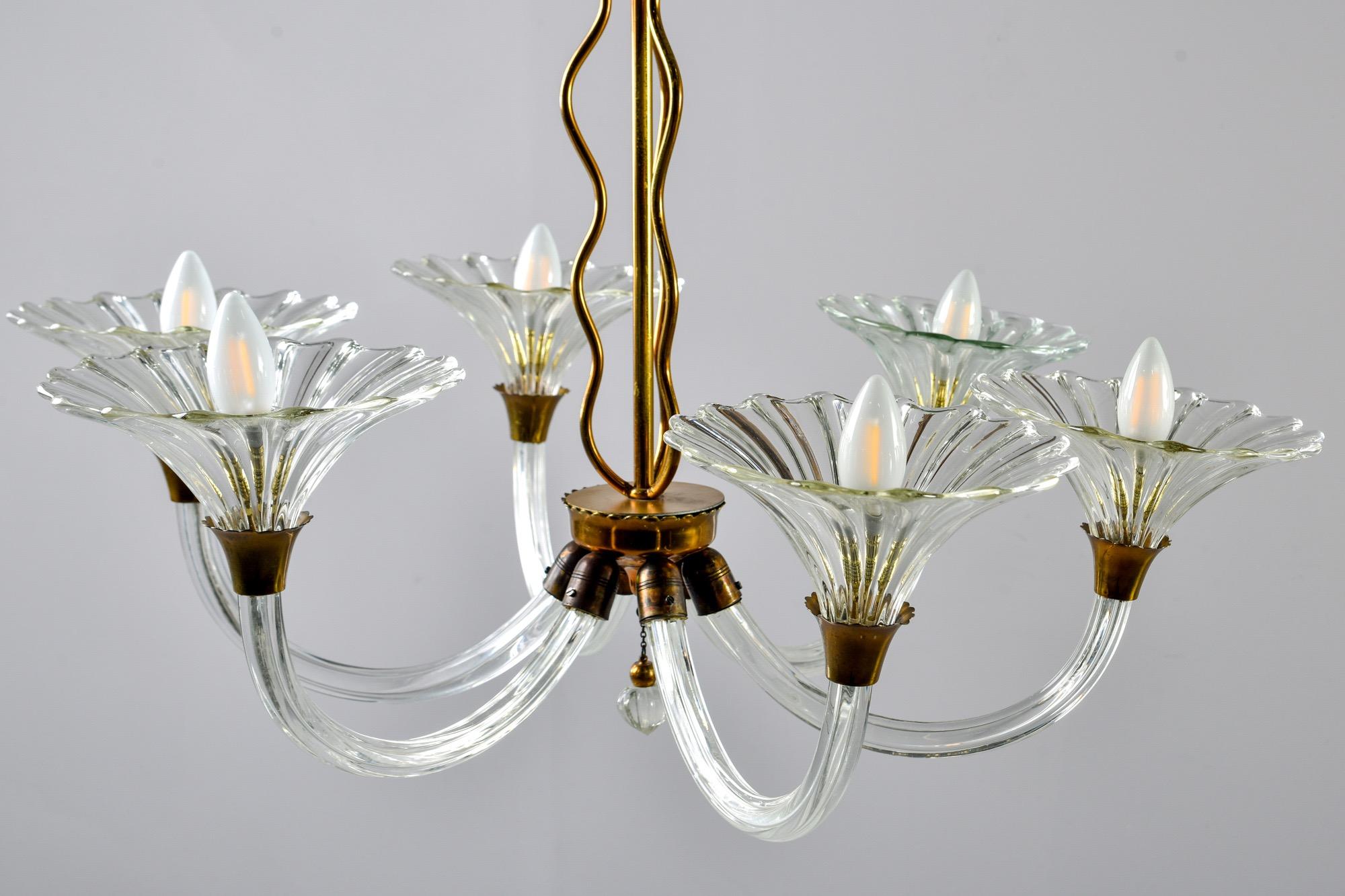 Art Deco Barovier and Toso Six-Arm Chandelier with Brass Fittings