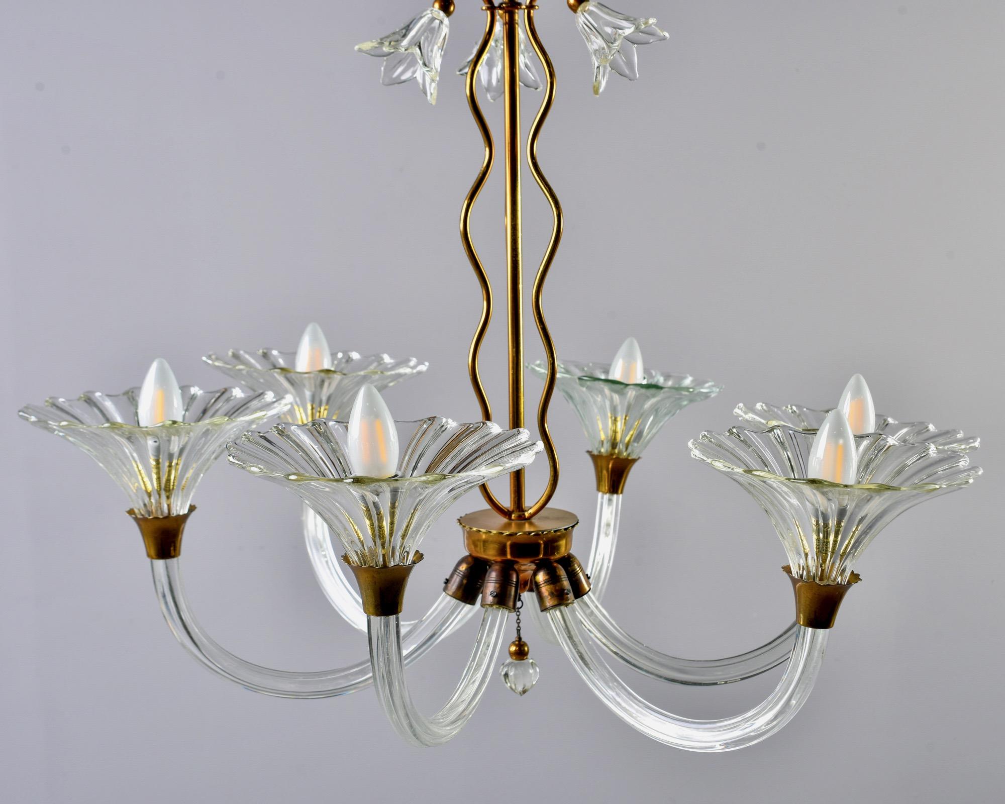 Italian Barovier and Toso Six-Arm Chandelier with Brass Fittings
