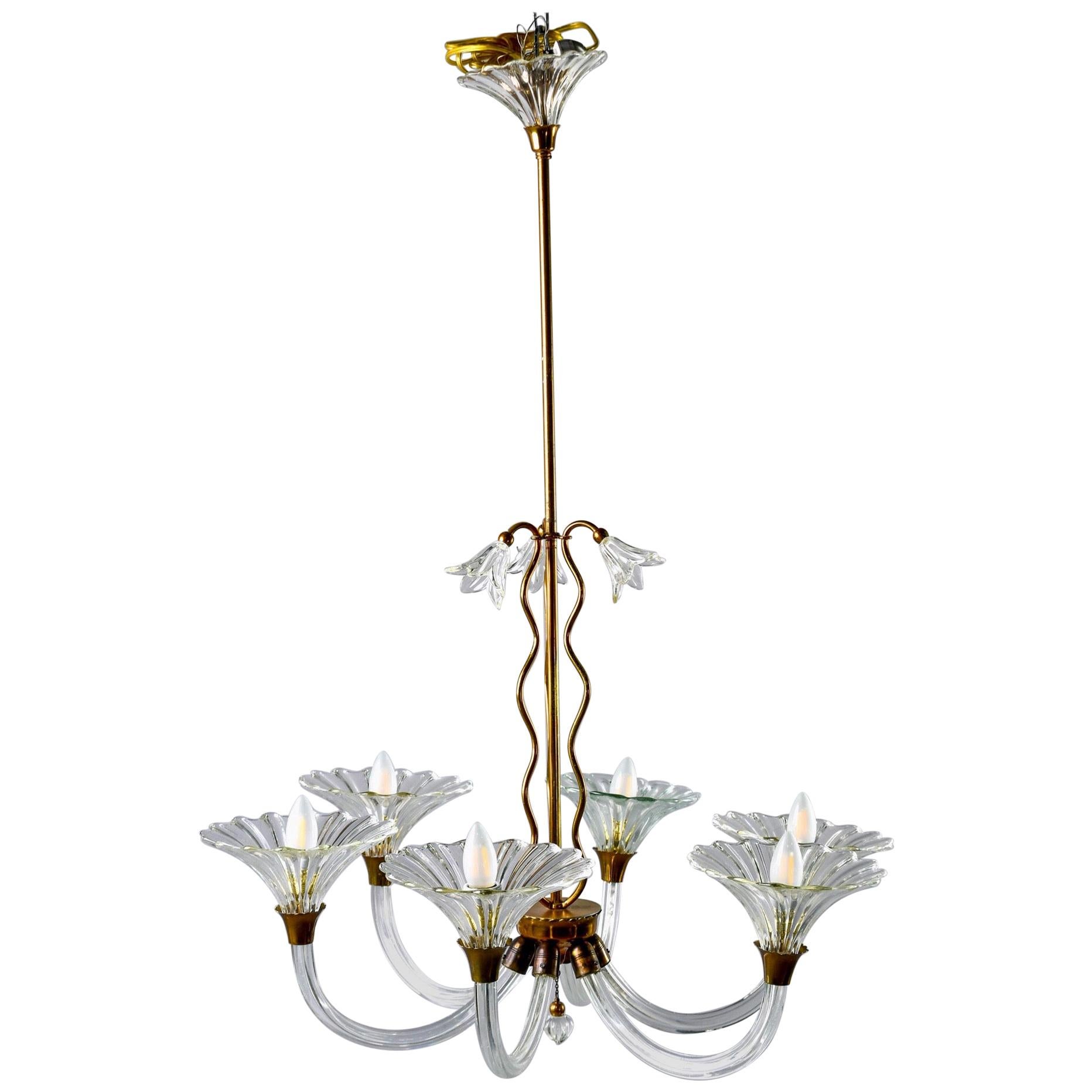Barovier and Toso Six-Arm Chandelier with Brass Fittings