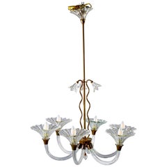 Antique Barovier and Toso Six-Arm Chandelier with Brass Fittings