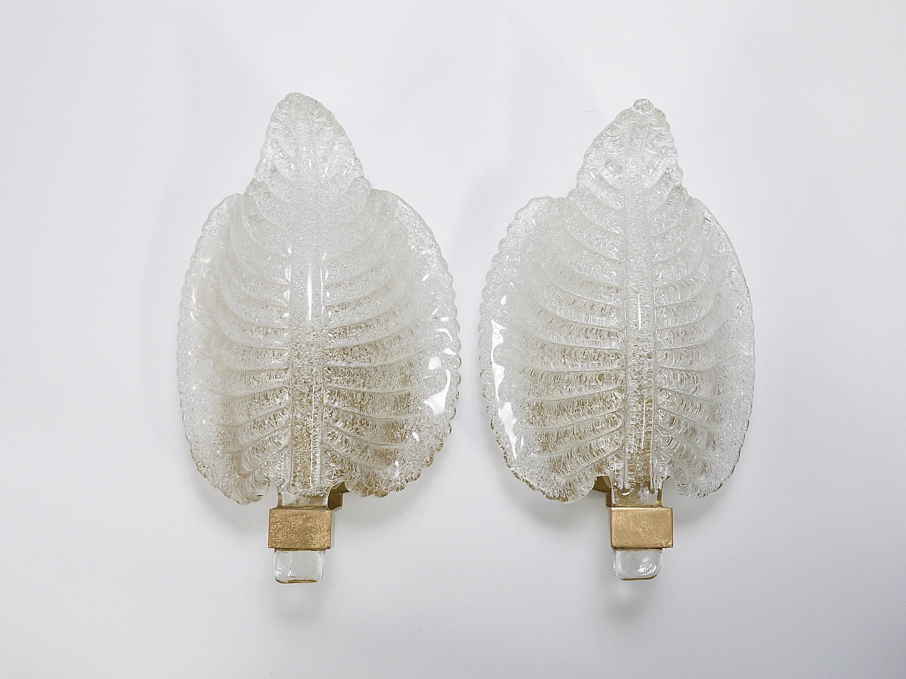 A pair of large Italian floral Hollywood Regency Rugiodoso golden wall lights with hand blown leaves made of clear Murano bubble glass. Dated around 1980/1990, attributed to Barovier and Toso. In very good condition, new old stock, these wall lamps