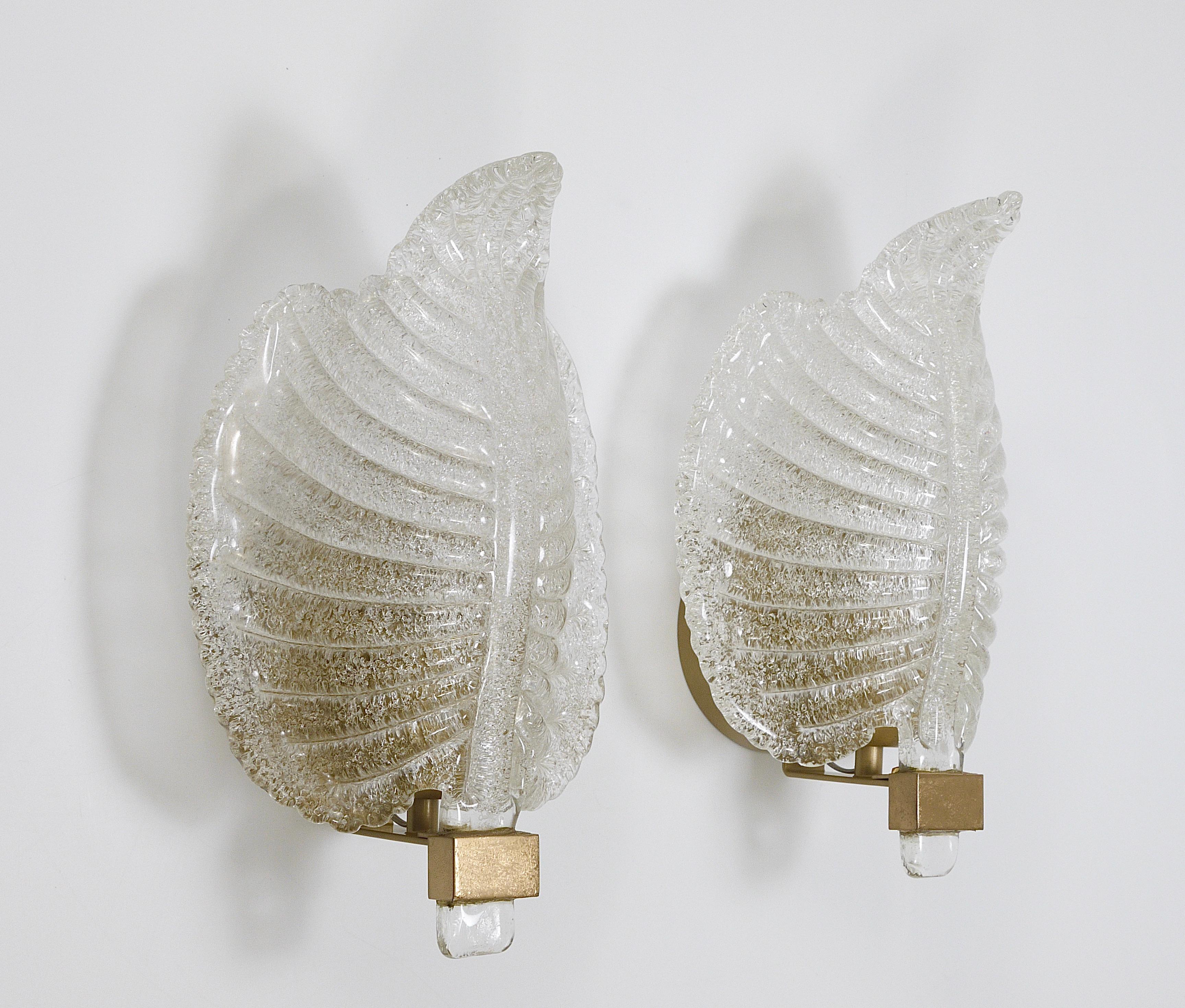 20th Century Barovier and Toso Style Venetian Murano Glass Leaf Sconces / Wall Lamps, Italy For Sale