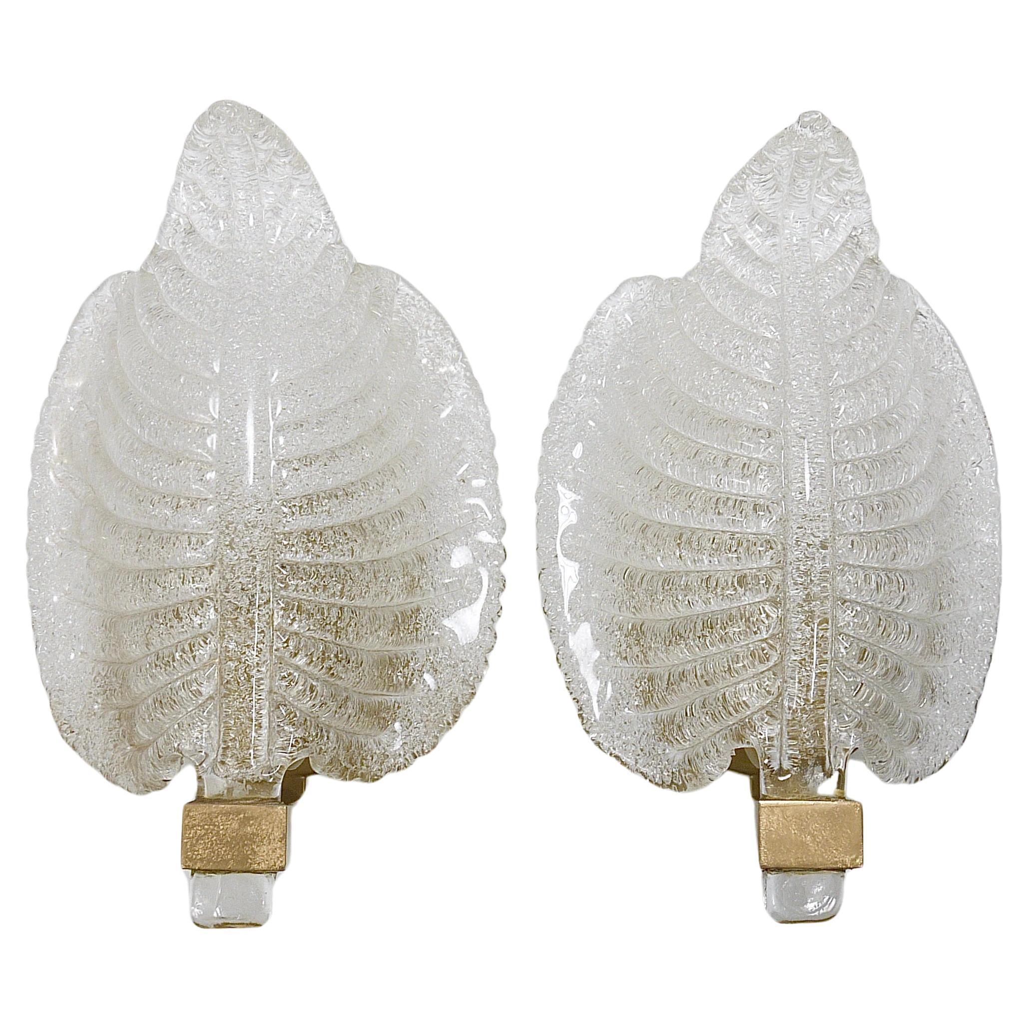 Barovier and Toso Style Venetian Murano Glass Leaf Sconces / Wall Lamps, Italy For Sale