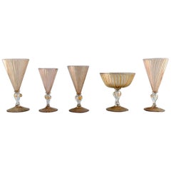 Barovier and Toso, Venice, Five Art Deco Glasses in Mouth Blown Art Glass