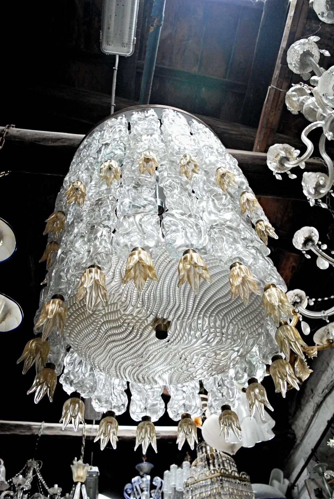 Mid-Century Modern Barovier and Toso, Glass Blocks with Gold Rosettes Chandelier, 1940 Hotel Gallia