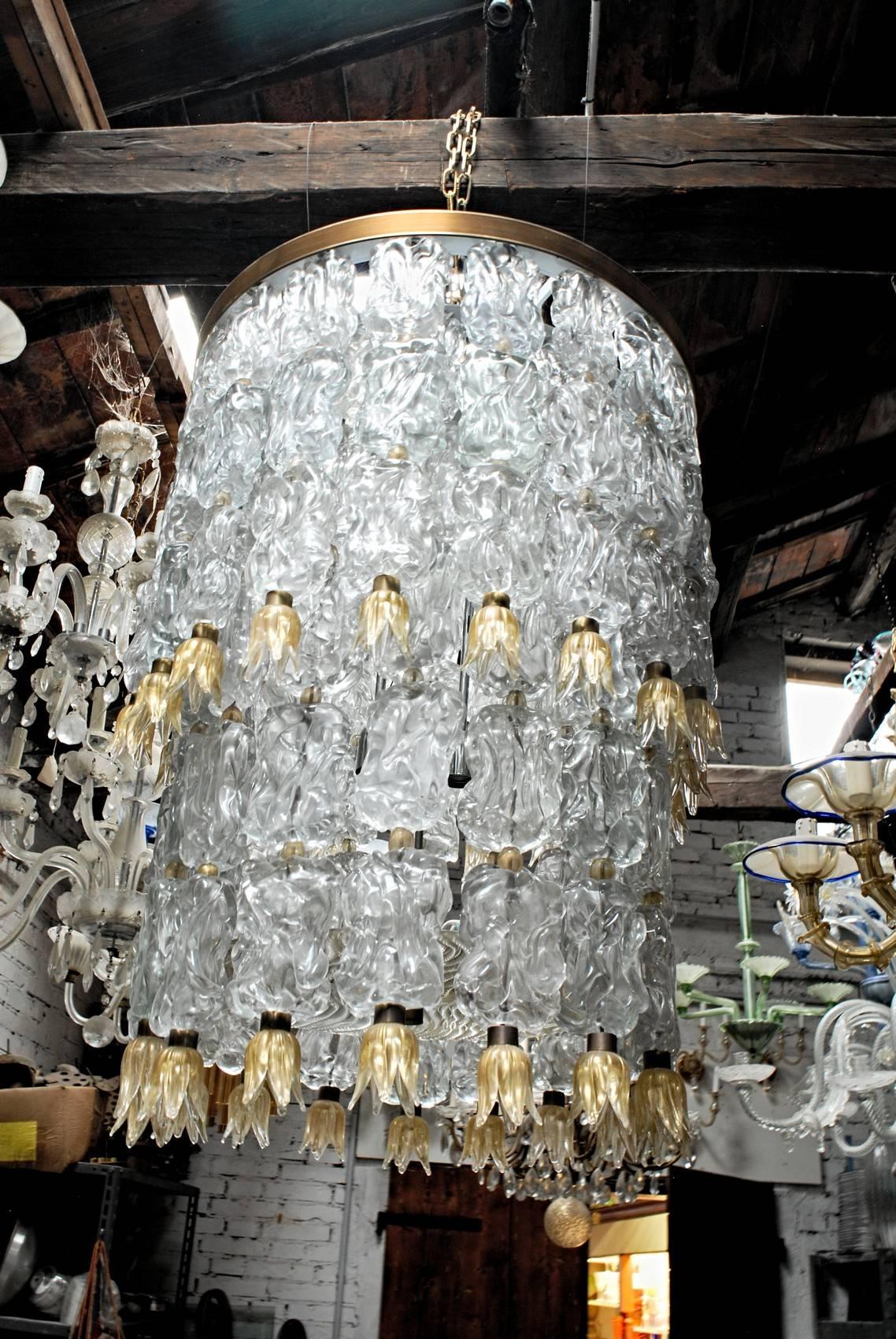 Art Glass Barovier and Toso, Glass Blocks with Gold Rosettes Chandelier, 1940 Hotel Gallia