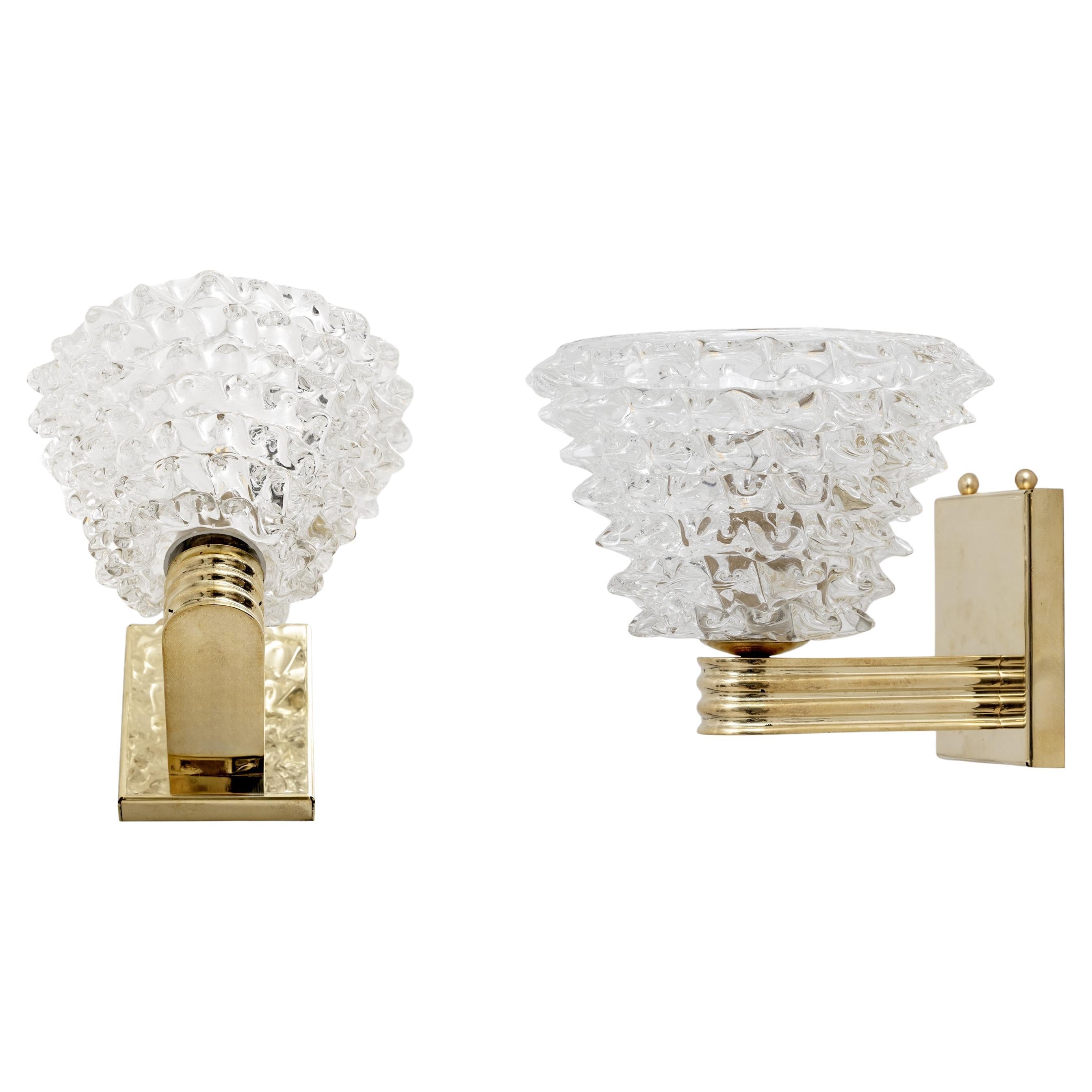 Barovier Art Deco Style Brass and Rostrato Medium Murano Glass Sconces, Pair
