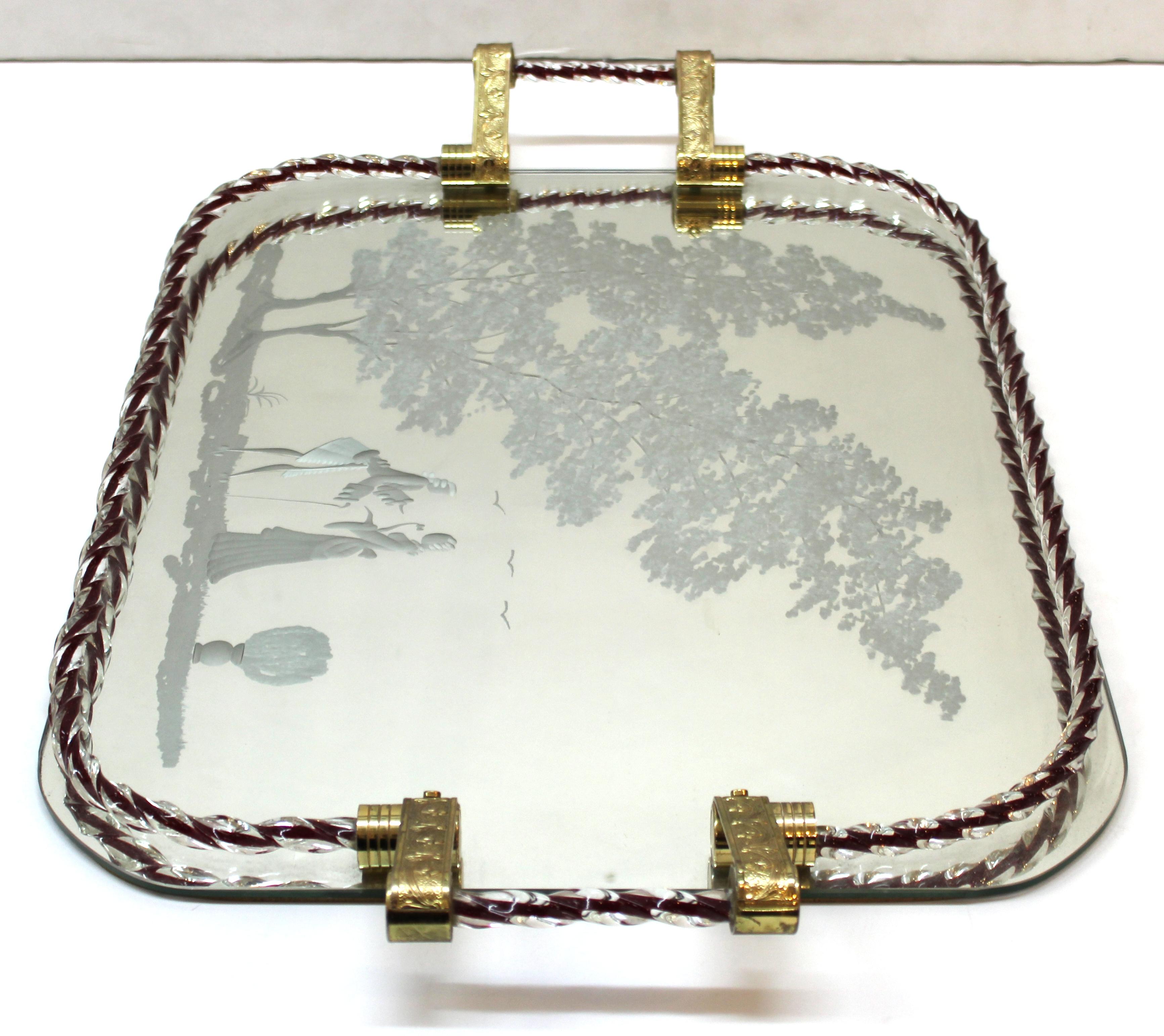 Barovier Attributed Hollywood Regency Murano Glass Mirrored Serving Tray 1