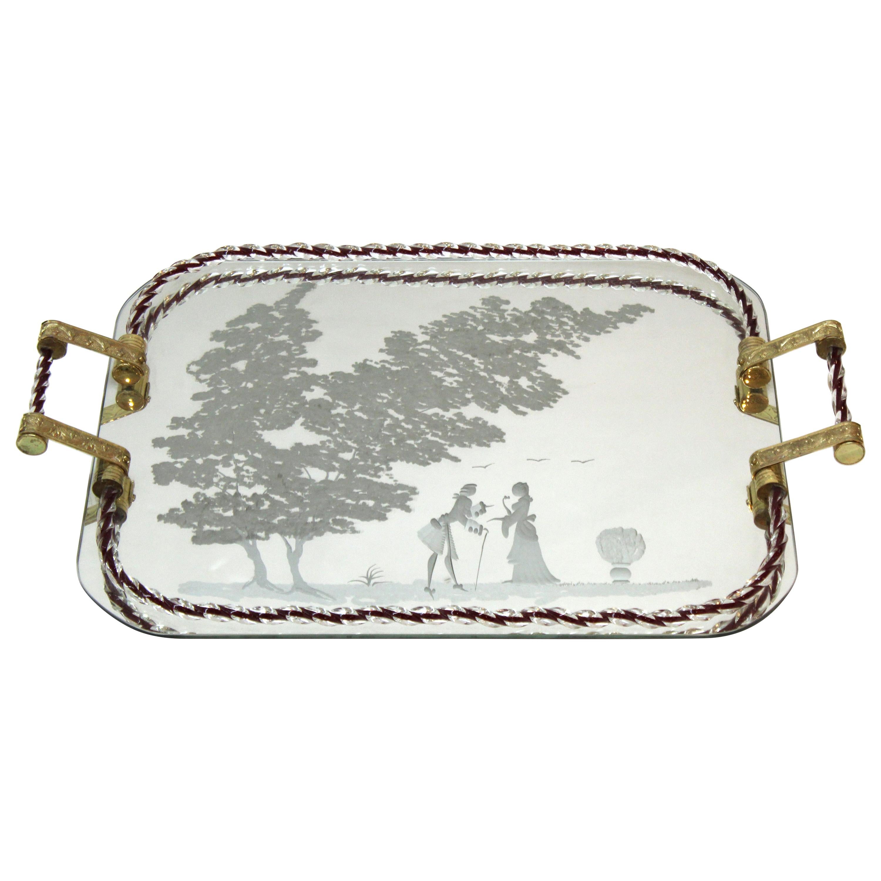Barovier Attributed Hollywood Regency Murano Glass Mirrored Serving Tray