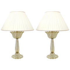 Barovier Attributed Hollywood Regency Murano Gold Flecked Ribbed Table Lamps