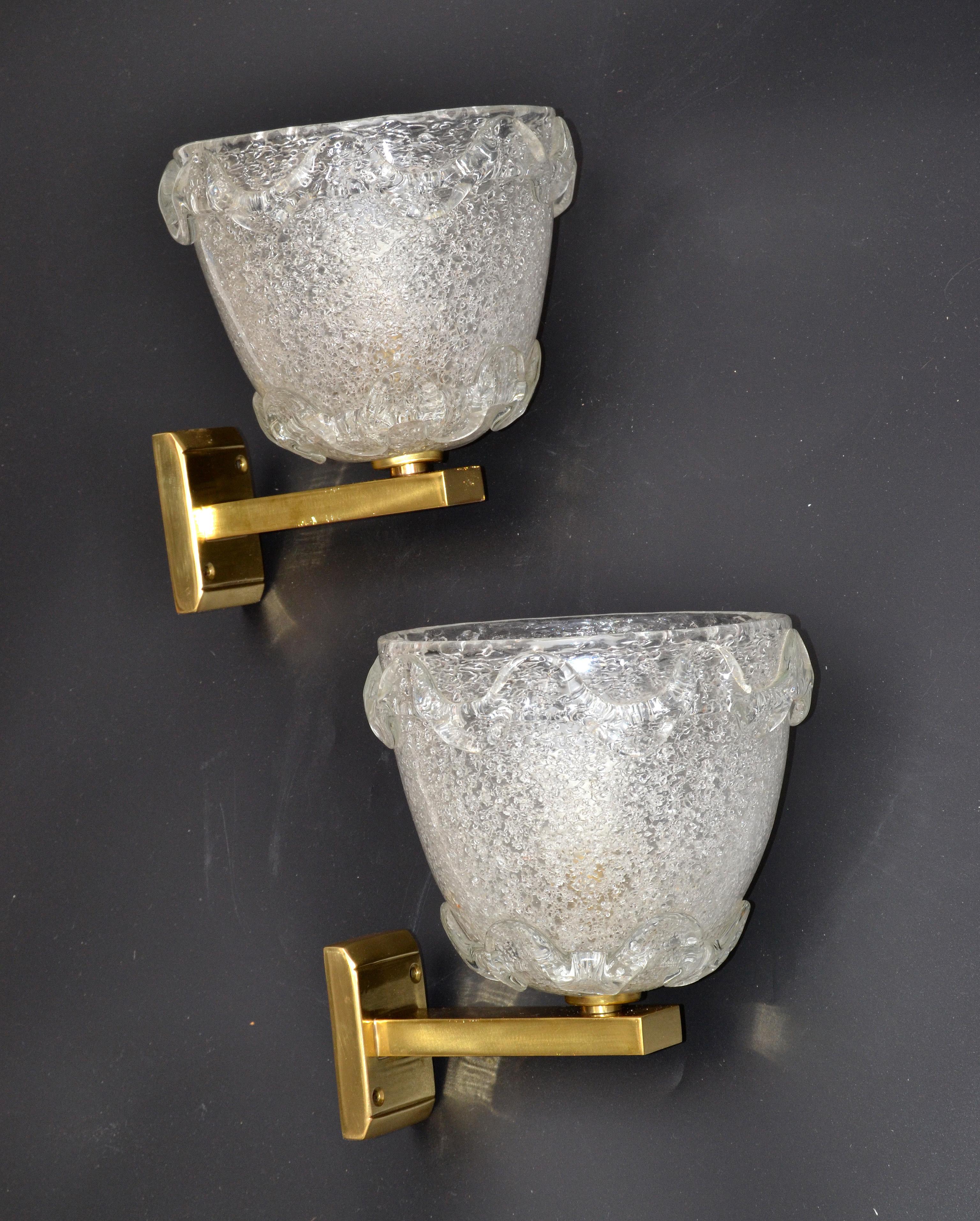 Barovier Blown Murano Glass & Brass Wall Sconces Italy Mid-Century Modern, Pair For Sale 7
