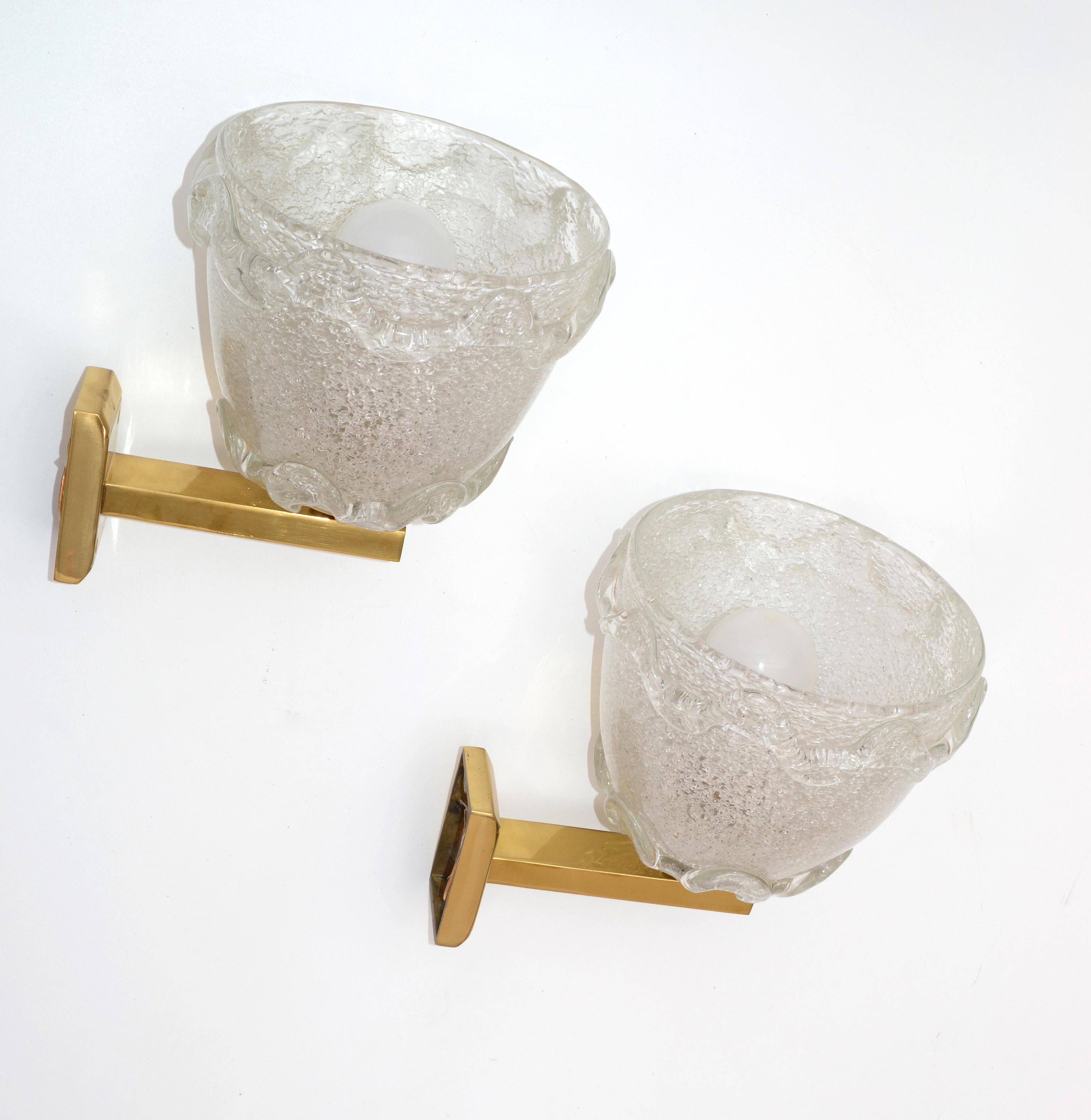 Barovier Blown Murano Glass & Brass Wall Sconces Italy Mid-Century Modern, Pair For Sale 8