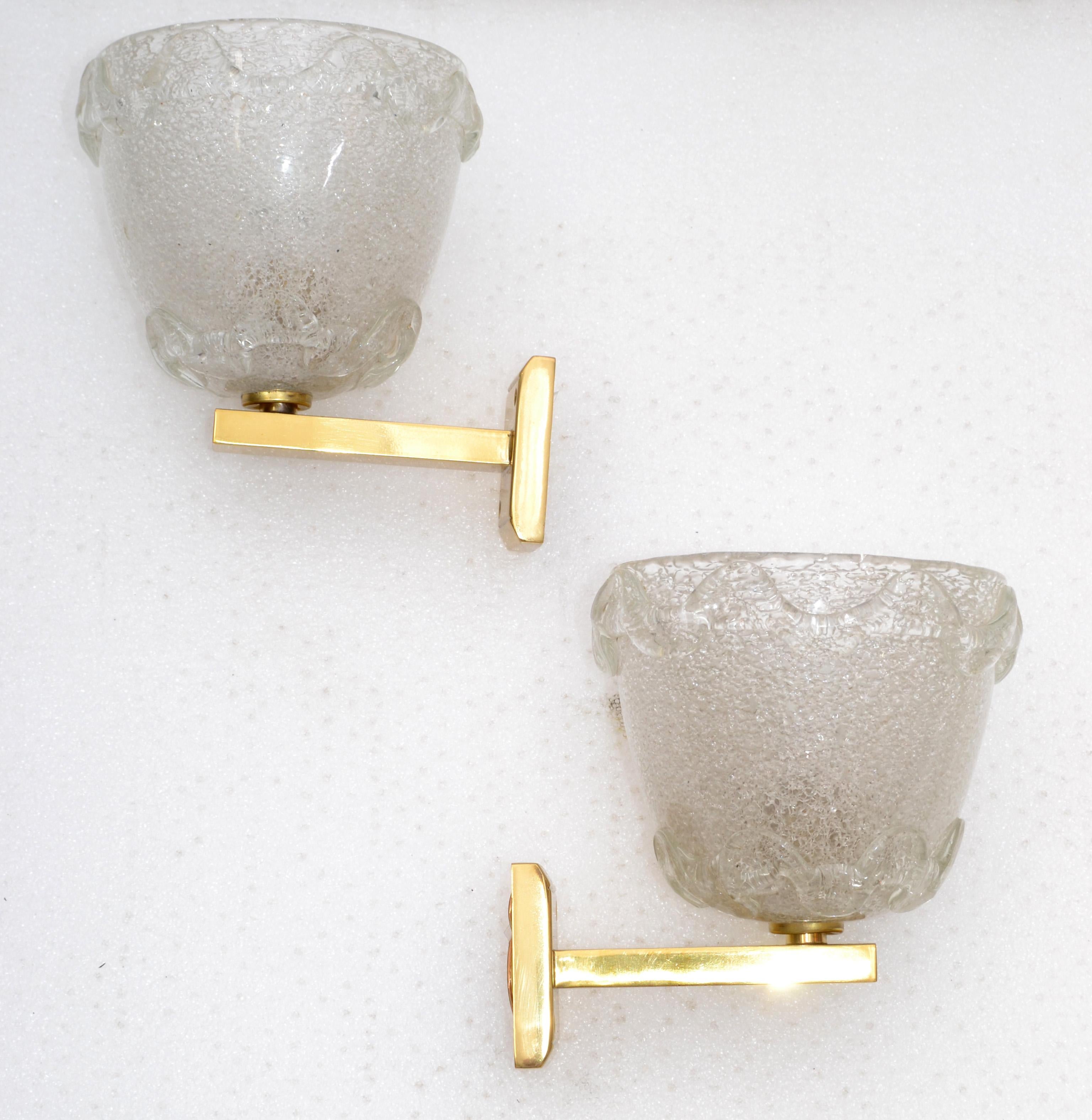 Barovier Blown Murano Glass & Brass Wall Sconces Italy Mid-Century Modern, Pair In Good Condition For Sale In Miami, FL