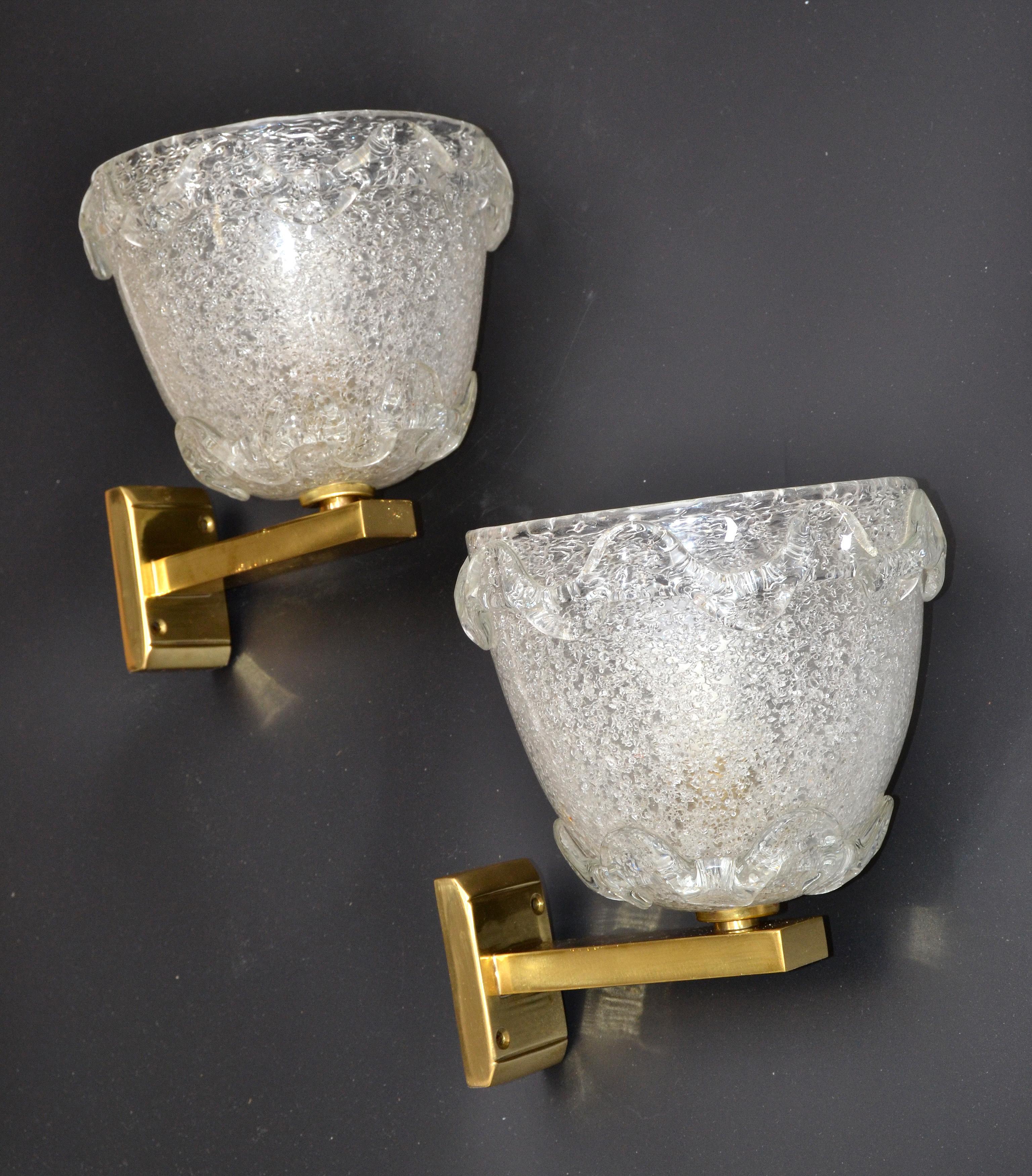 Mid-20th Century Barovier Blown Murano Glass & Brass Wall Sconces Italy Mid-Century Modern, Pair For Sale