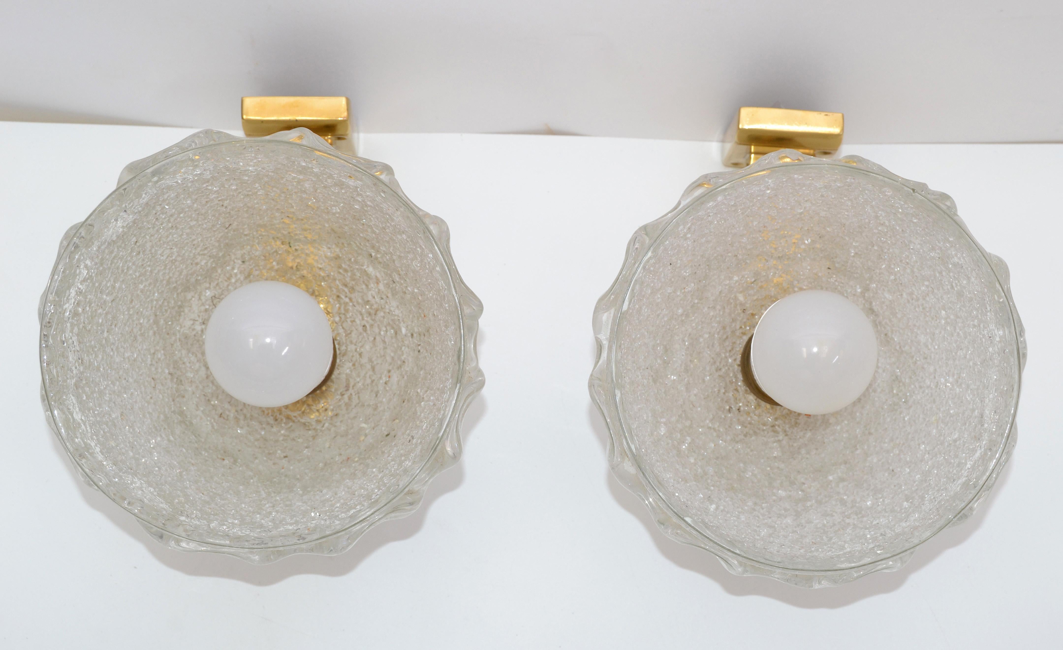 Barovier Blown Murano Glass & Brass Wall Sconces Italy Mid-Century Modern, Pair For Sale 3