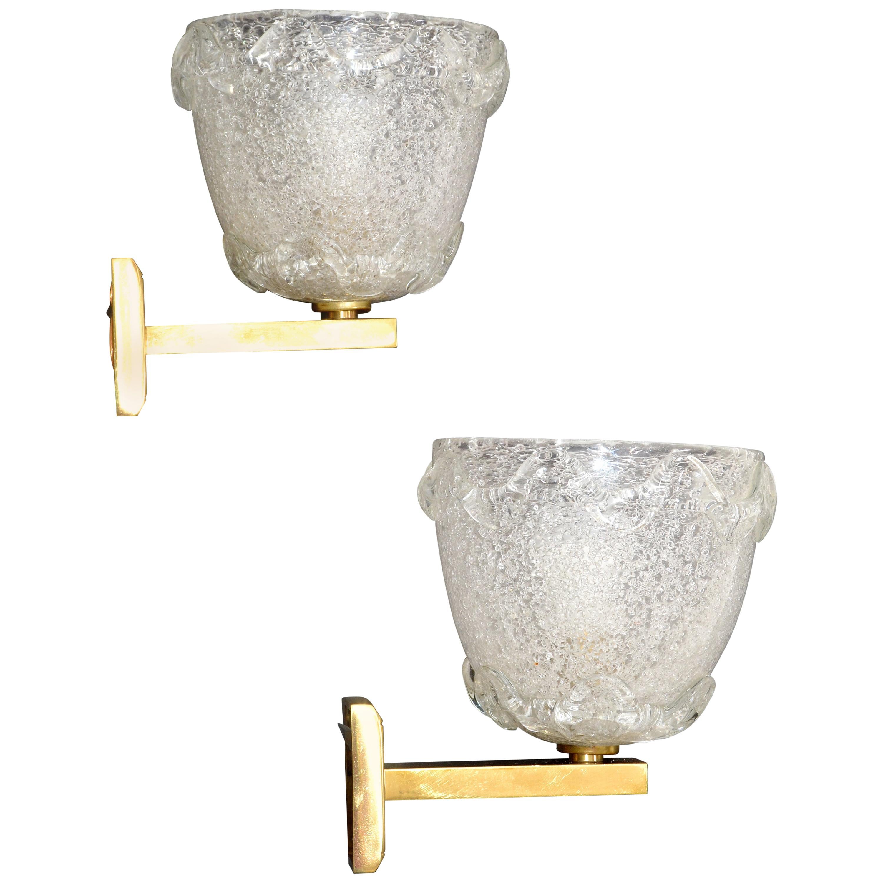 Barovier Blown Murano Glass & Brass Wall Sconces Italy Mid-Century Modern, Pair For Sale