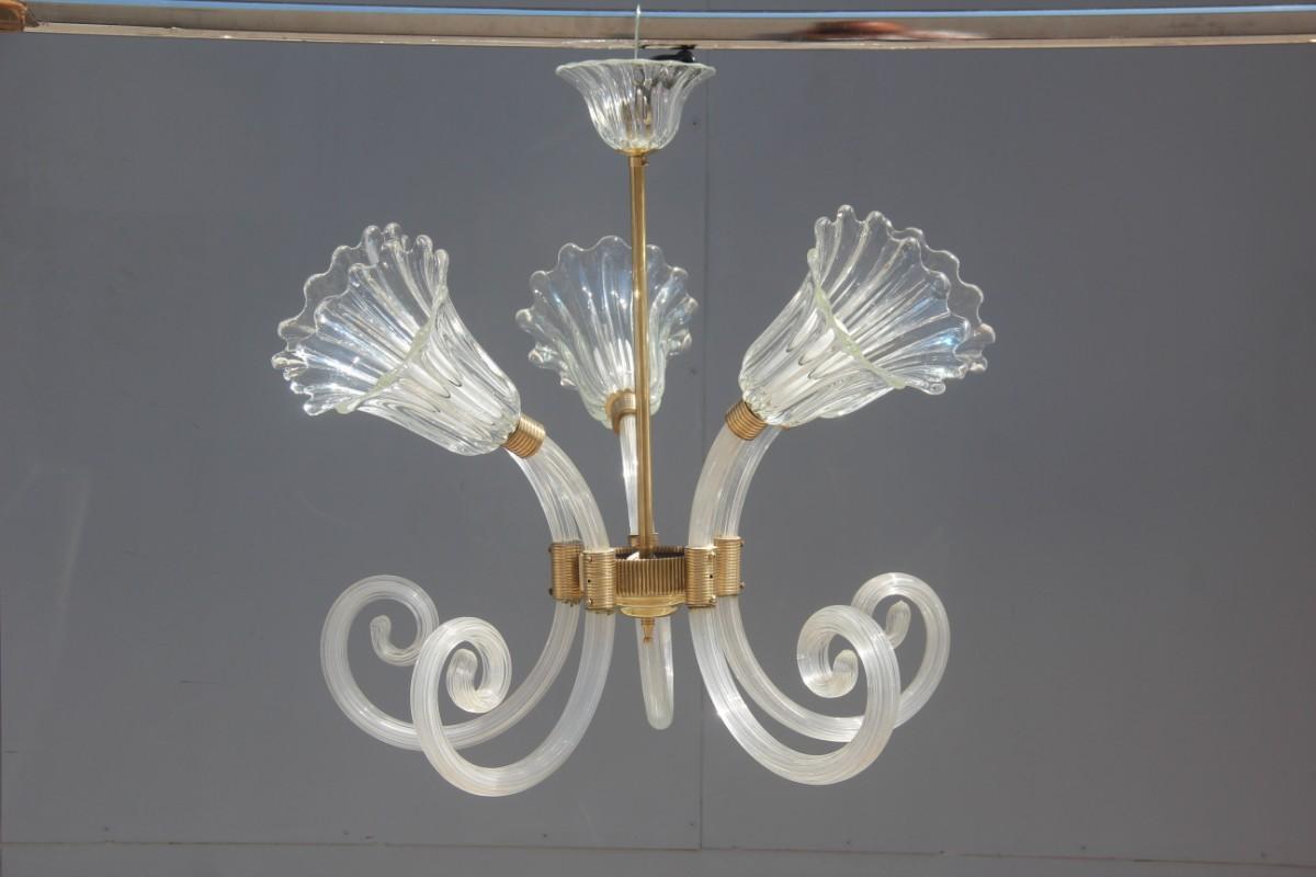 Barovier chandelier Murano glass Mid-Century Modern flowers, brass part, 1950.