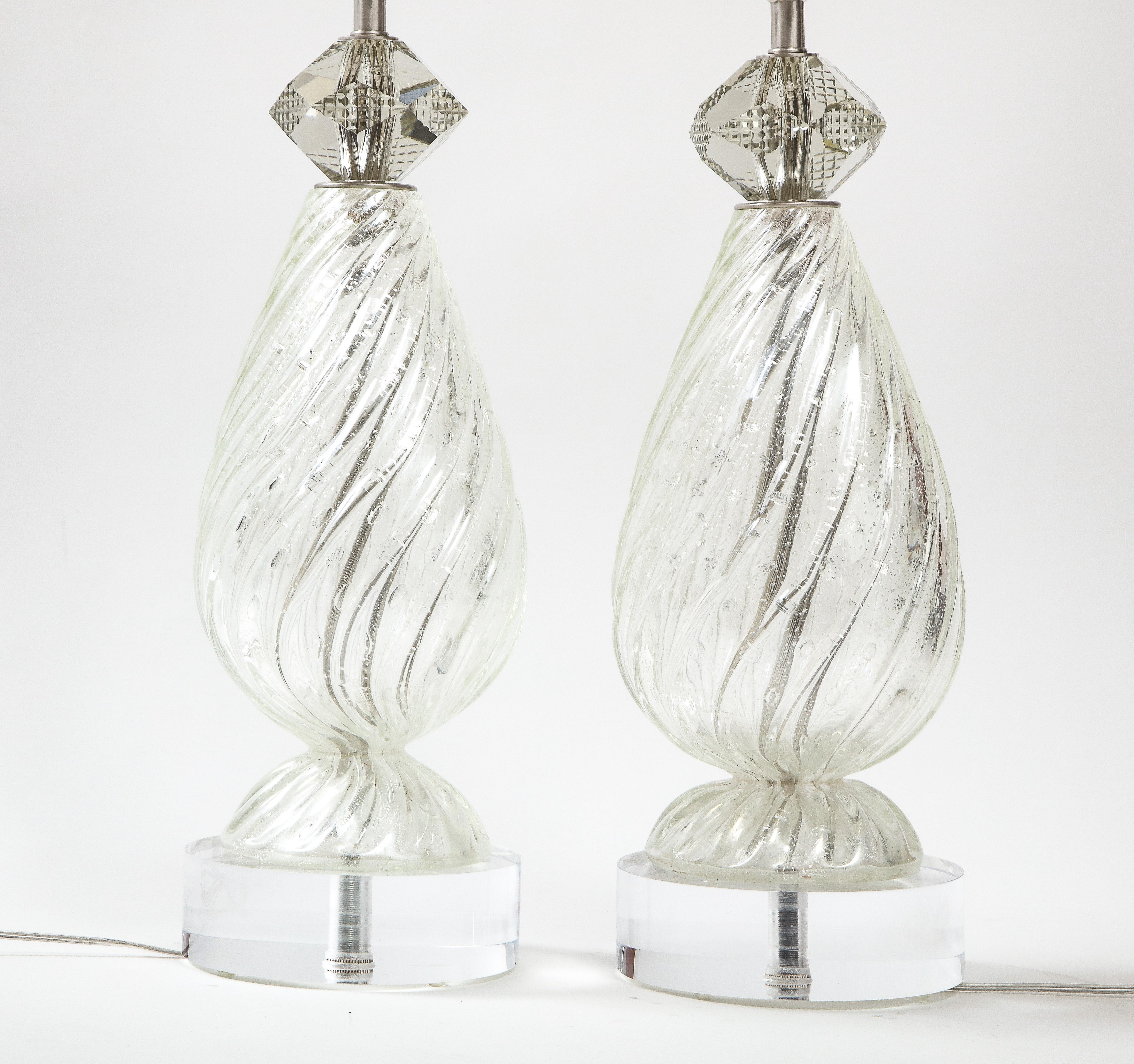 Italian Barovier Clear/Silver Murano Glass Lamps