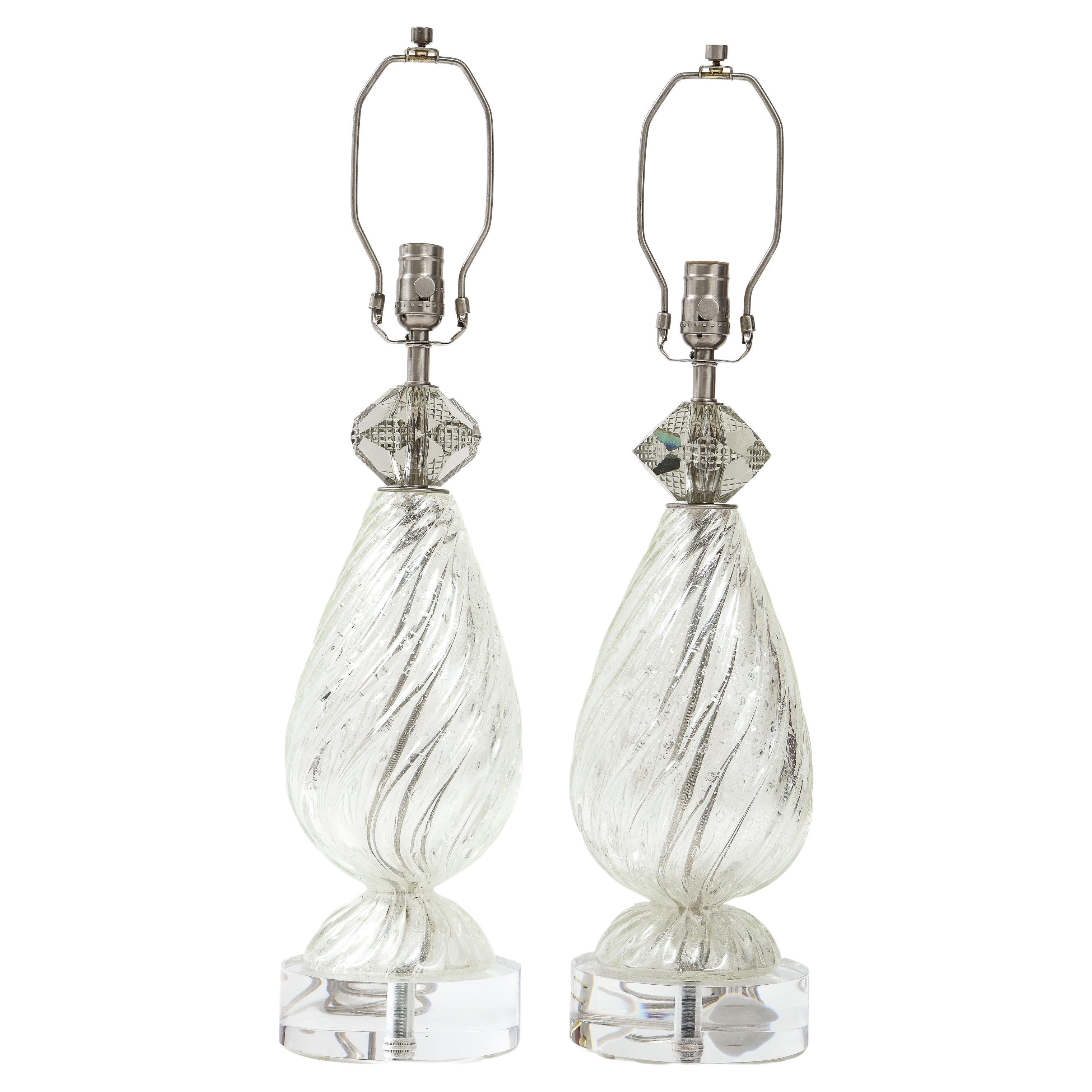 Barovier Clear/Silver Murano Glass Lamps