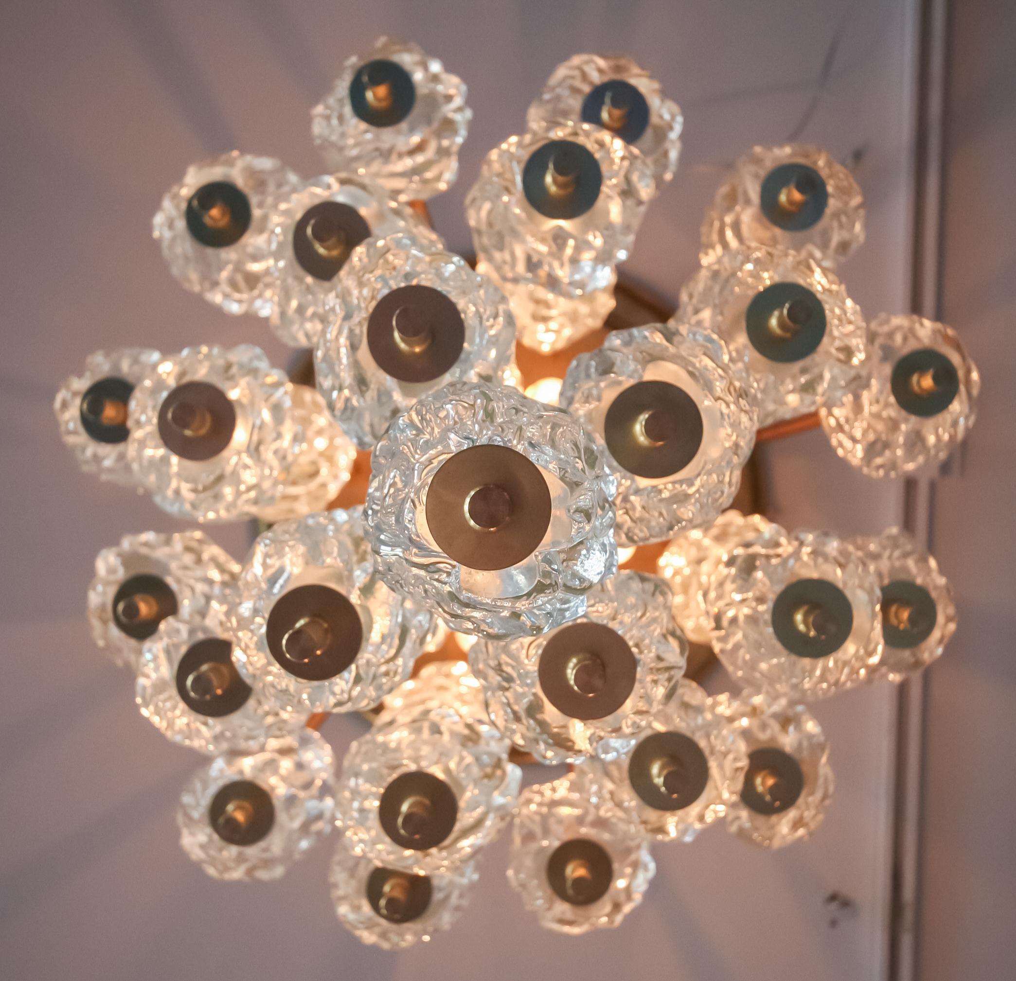 Diamant Brass and Clear Textured Glass Chandelier Style of Barovier e Toso 5