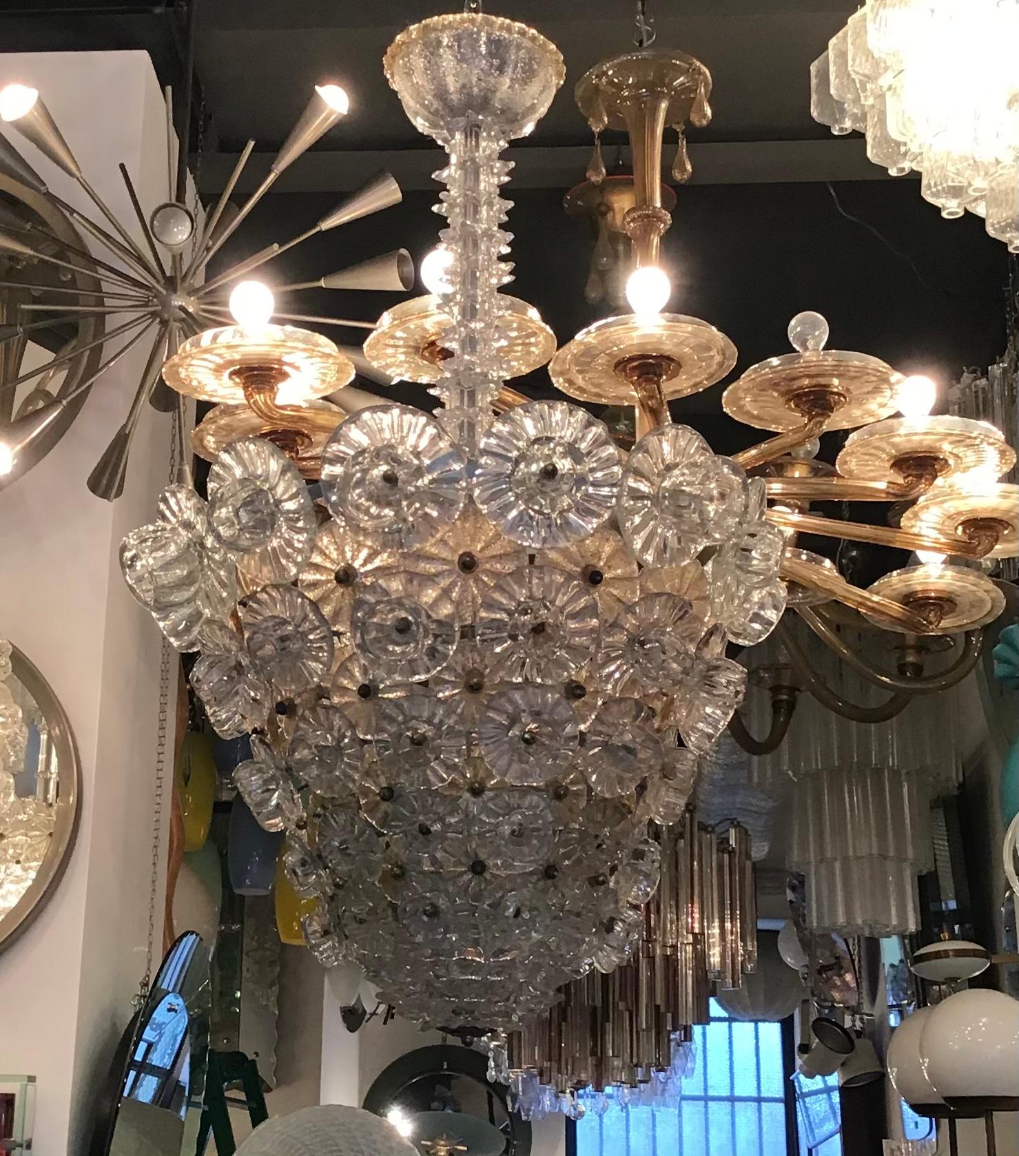 Other Barovier e Toso Chandelier Murano Glass Brass Iron 1940 Italy  For Sale