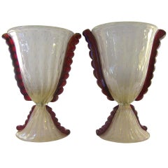 Barovier e Toso Grand Pair of Pearlized Murano Glass Lamps with Red Accents
