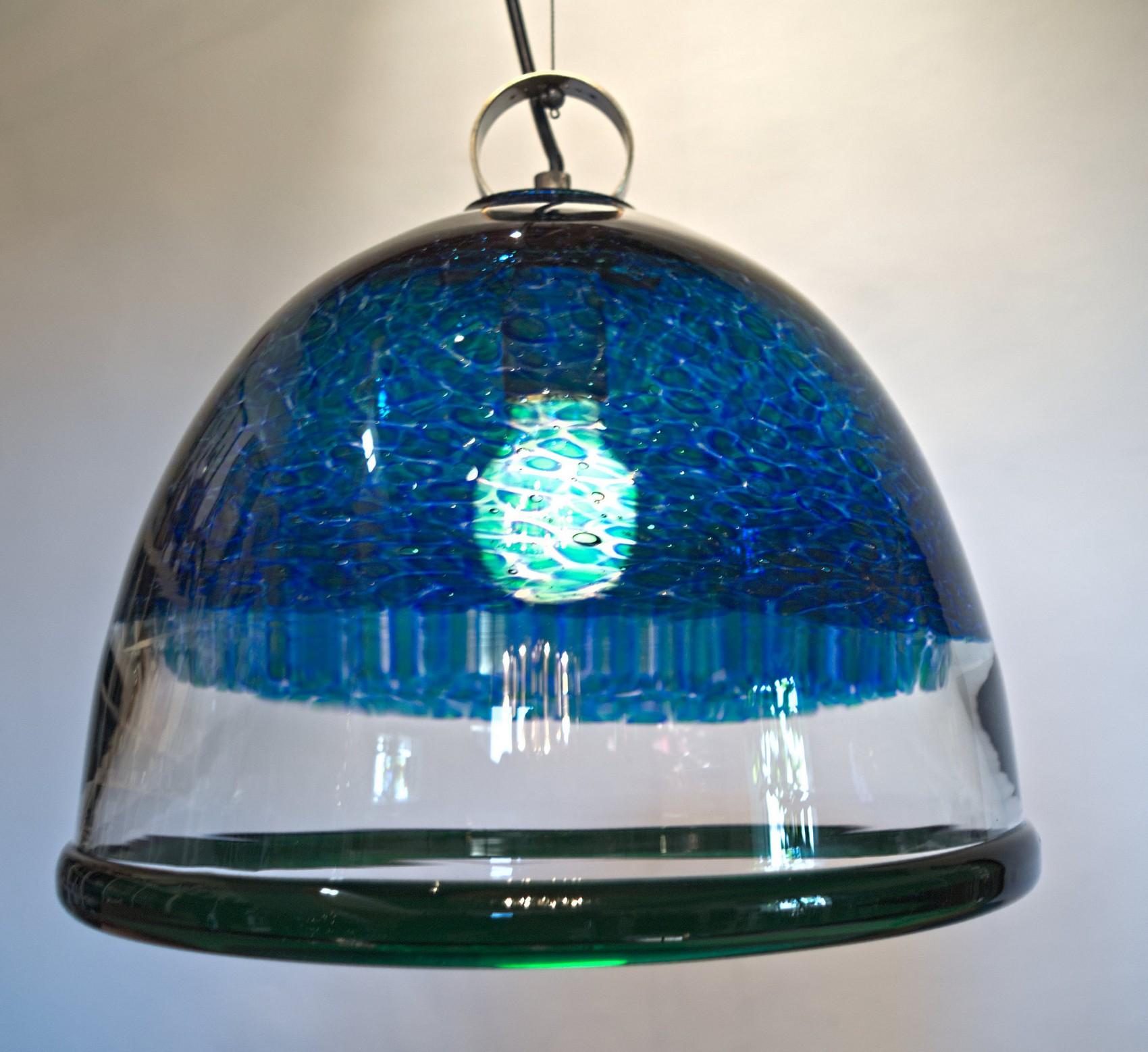 Barovier e Toso Incalmo Pendant Blue Murrine Neverrino Style and Green Rim 12