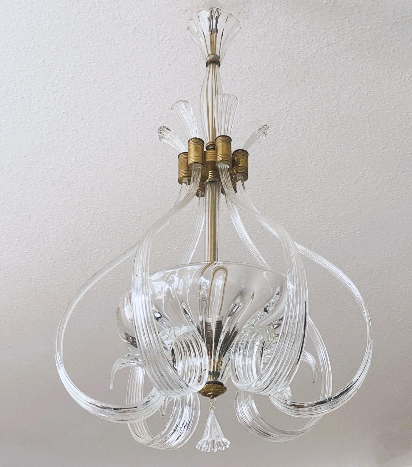Fabulous, luxurious pure Murano glass three-light chandelier or lantern manufactured in Italy by the renowned glass manufacturer Barovier and Toso in the 1950s. This wunderful and rare piece is entirely made of hand-blown Murano clear glass and