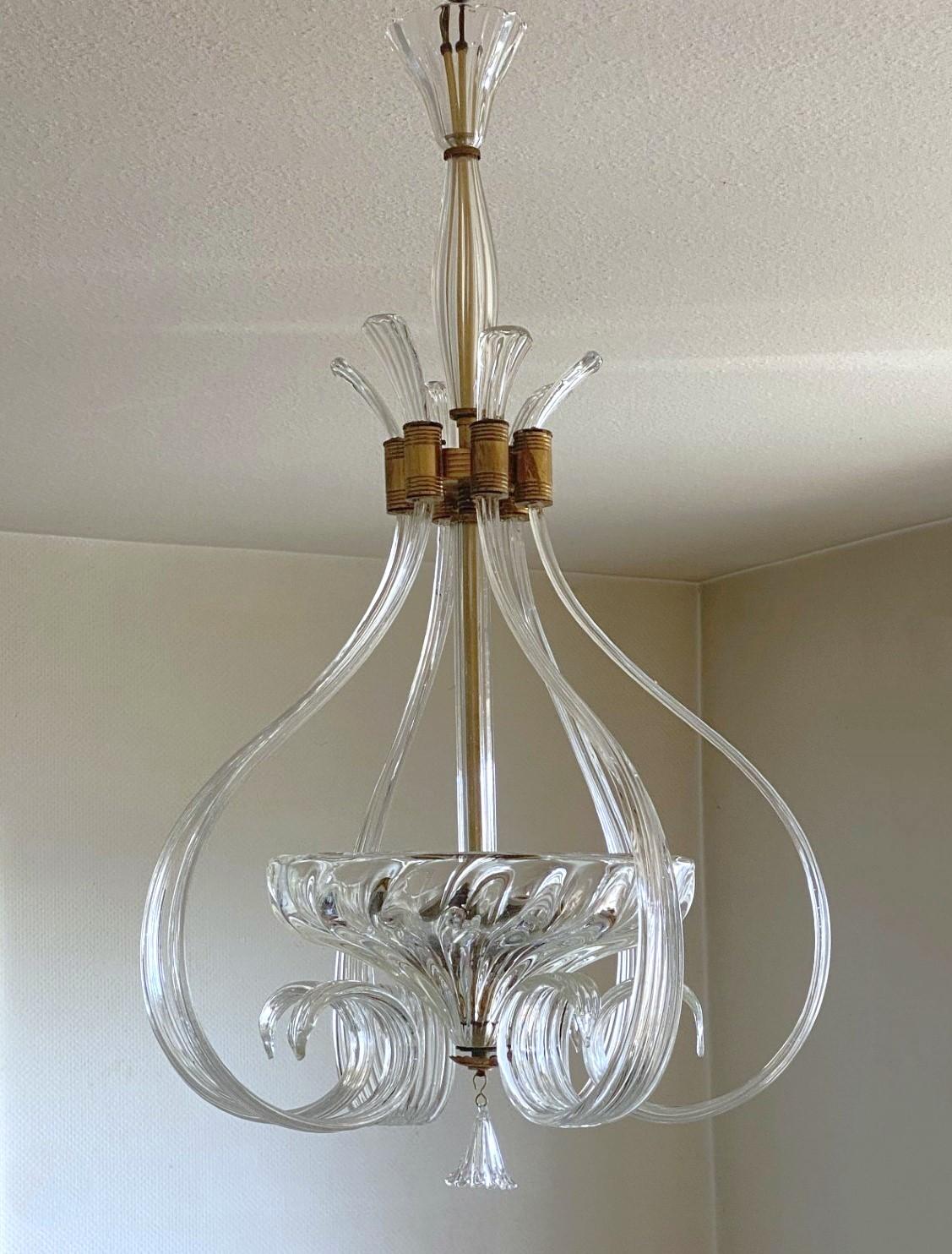 Art Deco Barovier & Toso Murano Glass Chandelier or Lantern, Italy 1950's For Sale