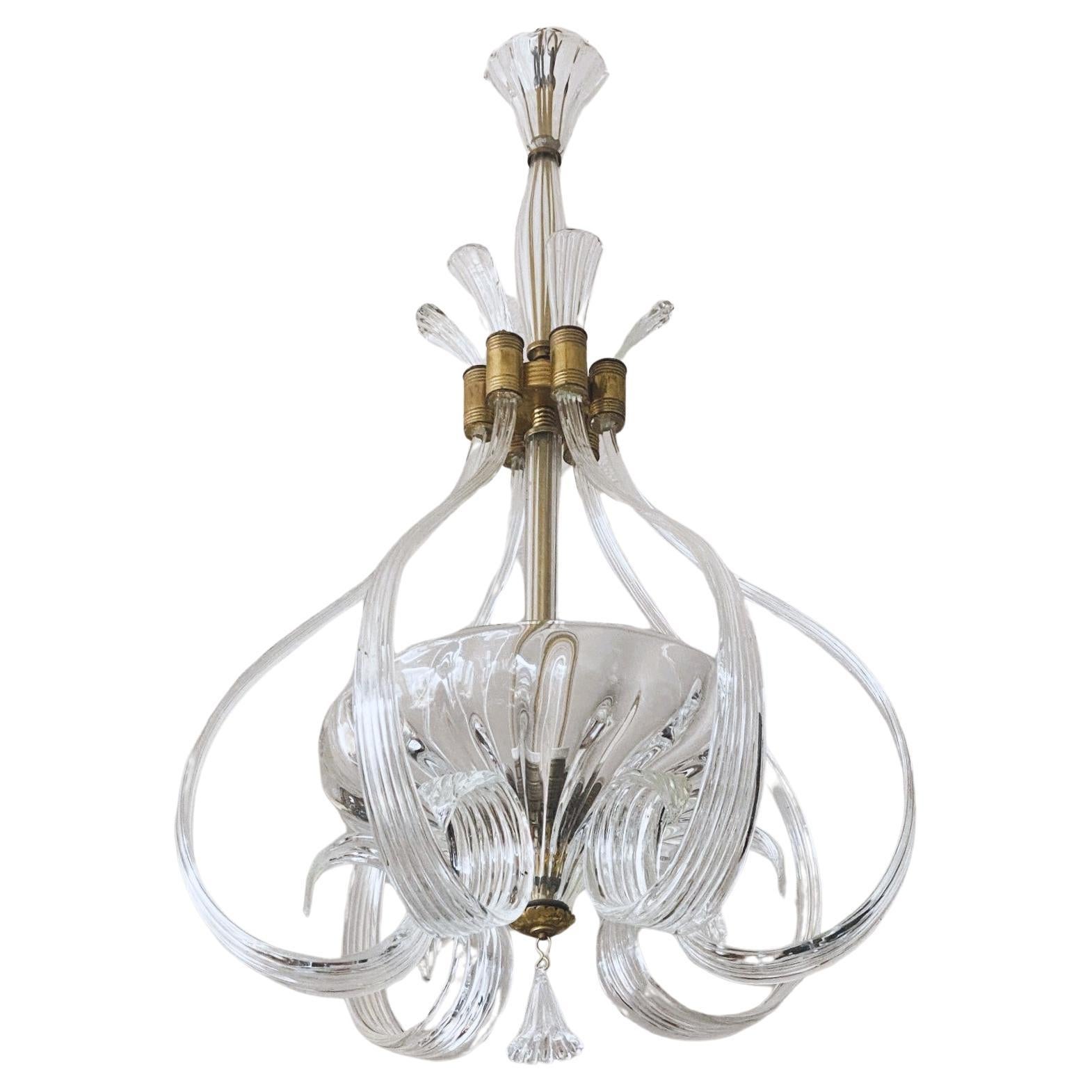 Barovier e Toso Large Vintage Blown Murano Glass Lantern Chandelier, Italy 1950s