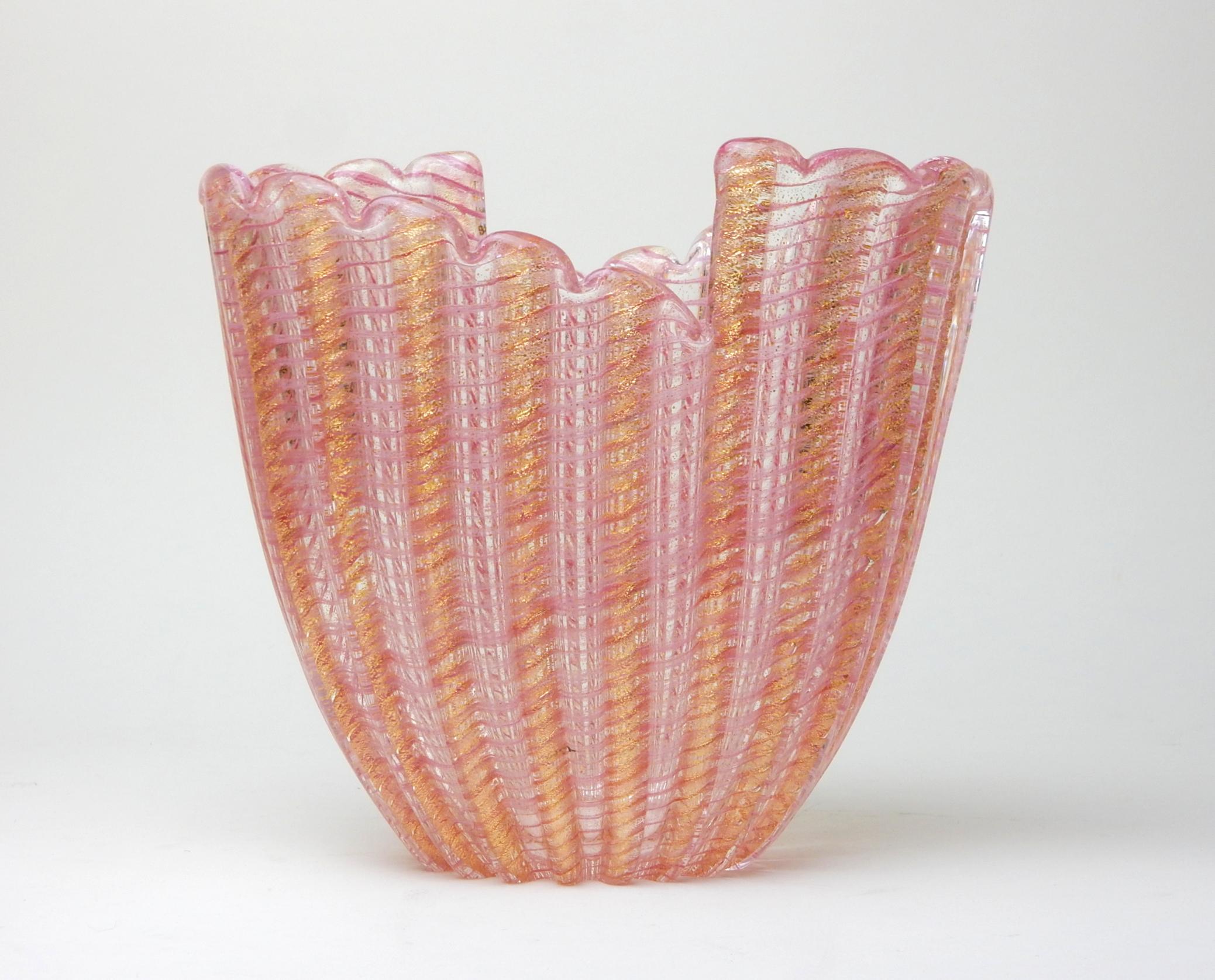 Barovier Toso Murano Art Glass Ribbed Pink and Gold Vessel 2