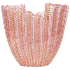 Barovier Toso Murano Art Glass Ribbed Pink and Gold Vessel