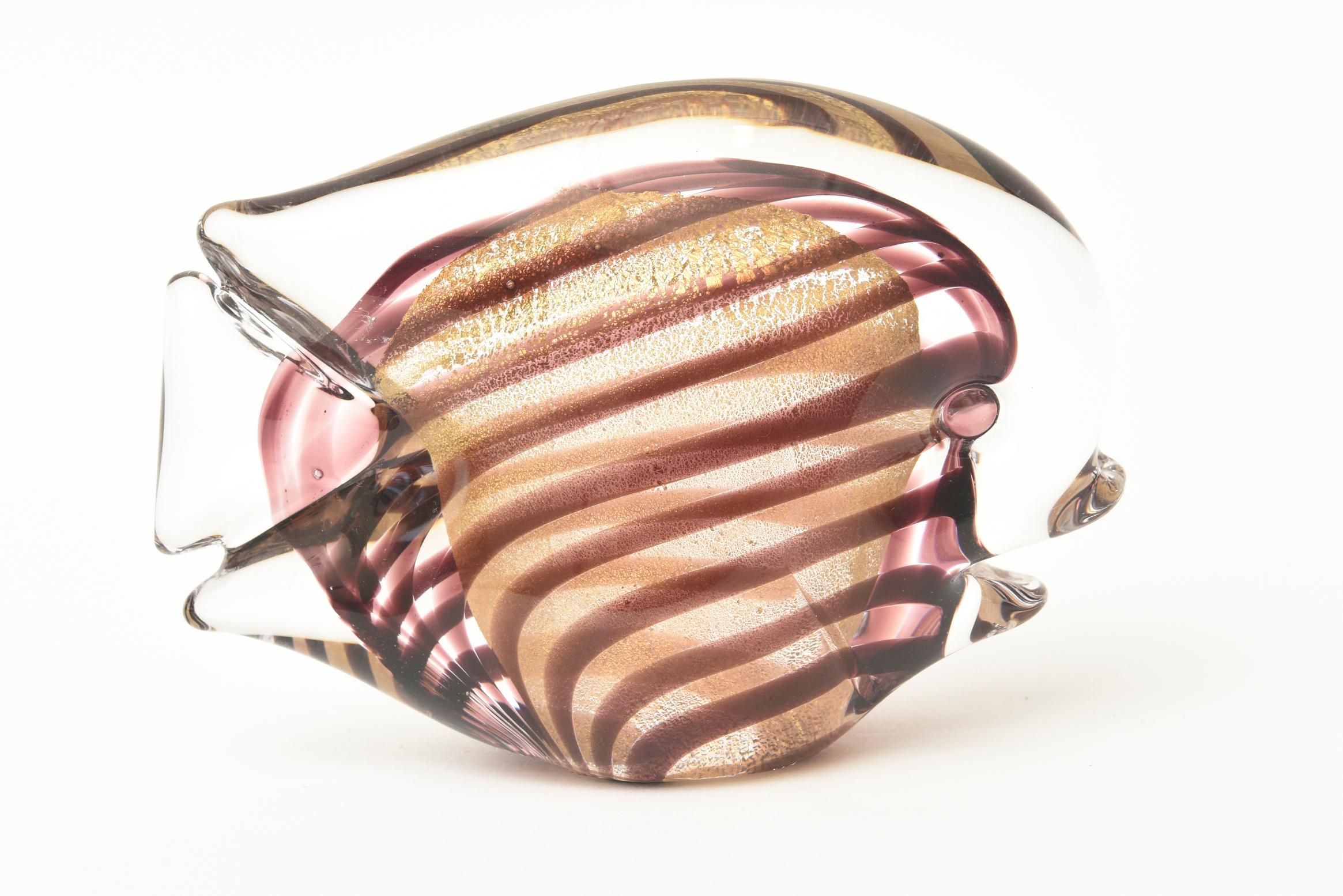 Barovier E Toso Murano Blow Fish Paperweight Aubergine, Purple, Gold Aventurine 4