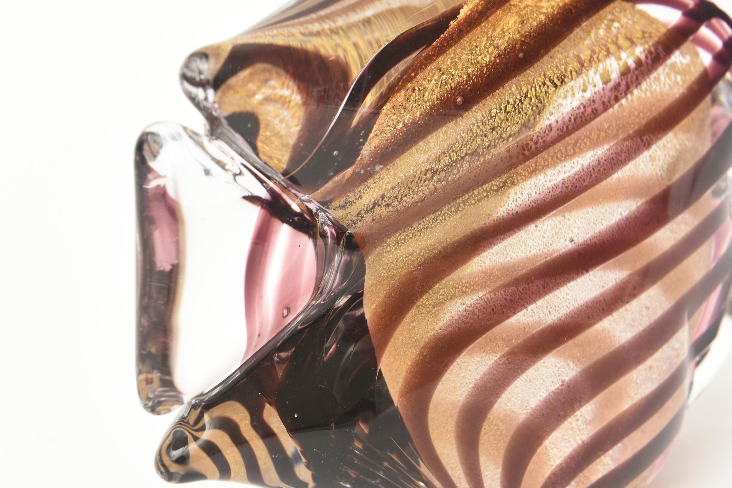 Mid-20th Century Barovier E Toso Murano Blow Fish Paperweight Aubergine, Purple, Gold Aventurine