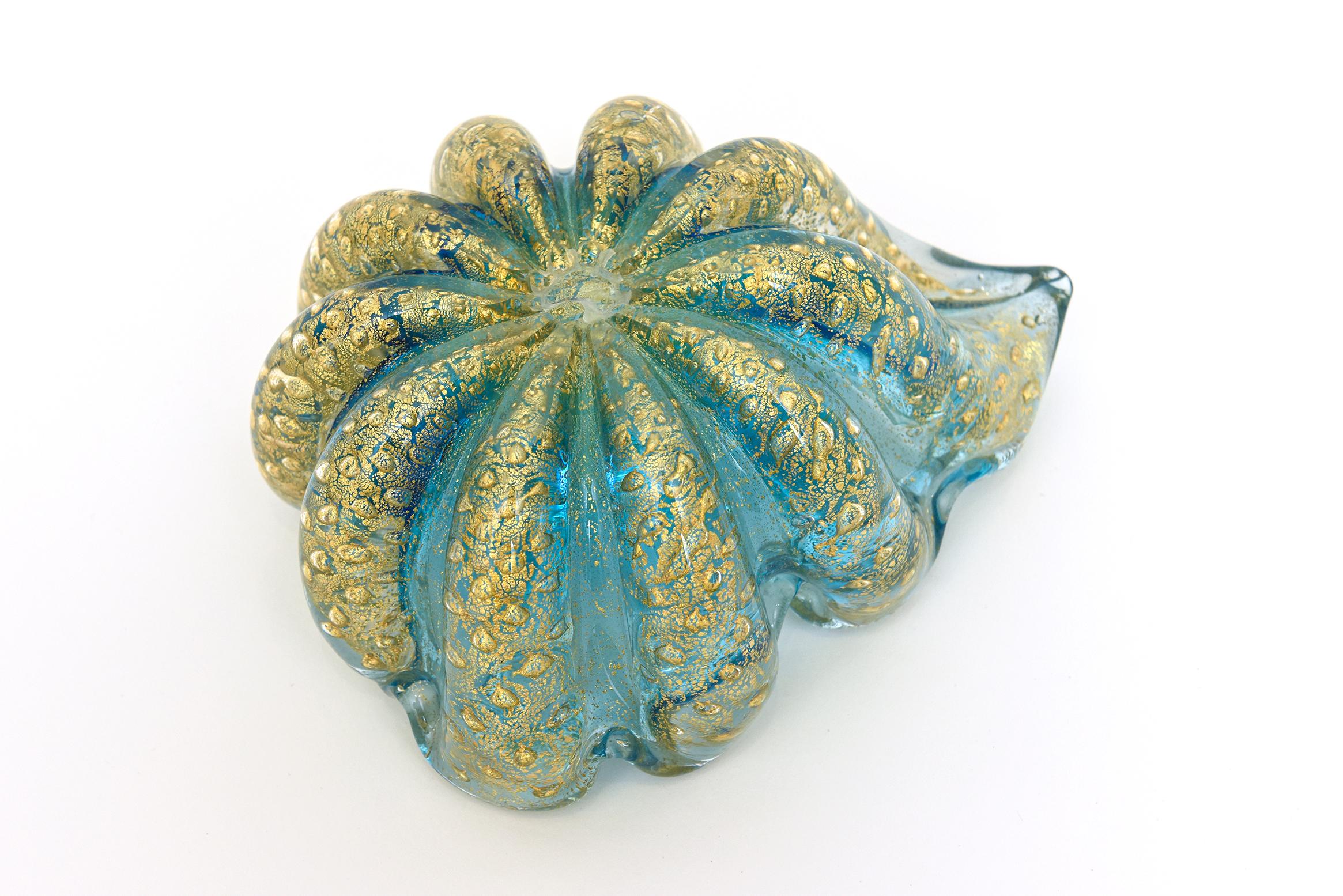 Barovier e Toso Murano Cordonato D' Oro Sea Mist Turquoise and Gold Glass Bowl For Sale 1