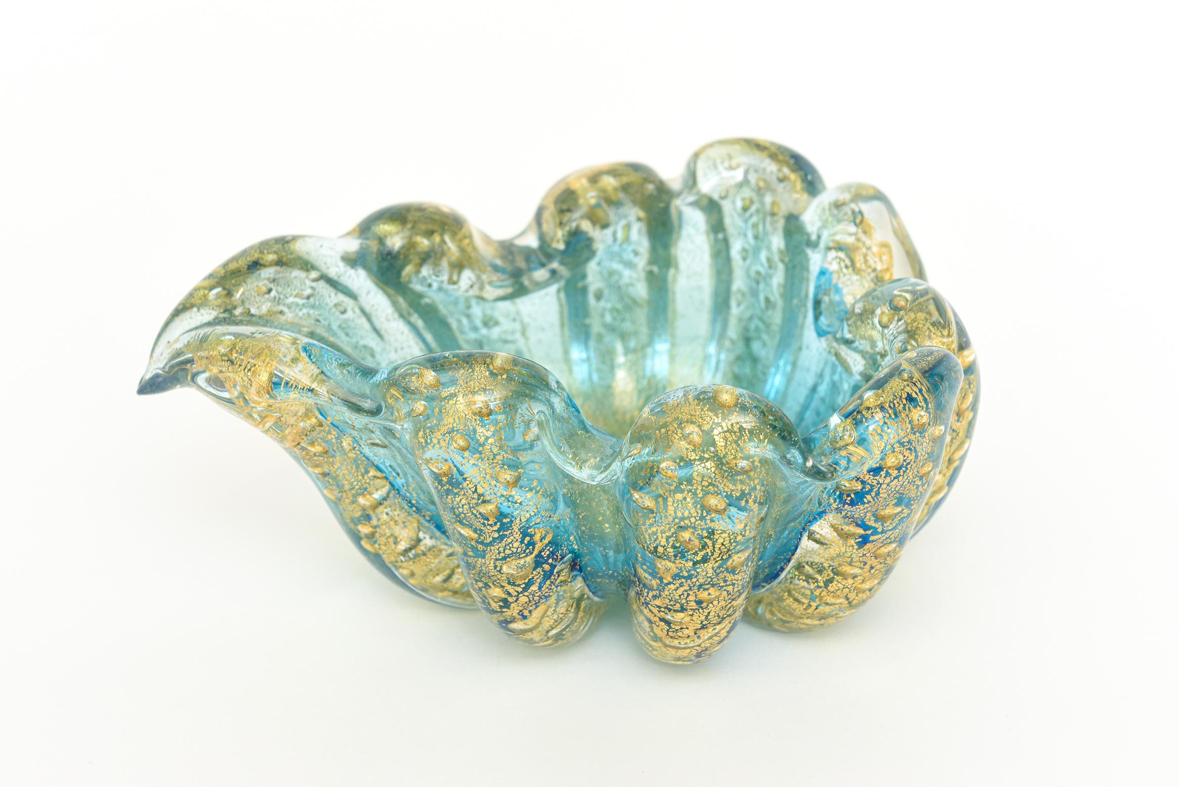 Barovier e Toso Murano Cordonato D' Oro Sea Mist Turquoise and Gold Glass Bowl For Sale 2
