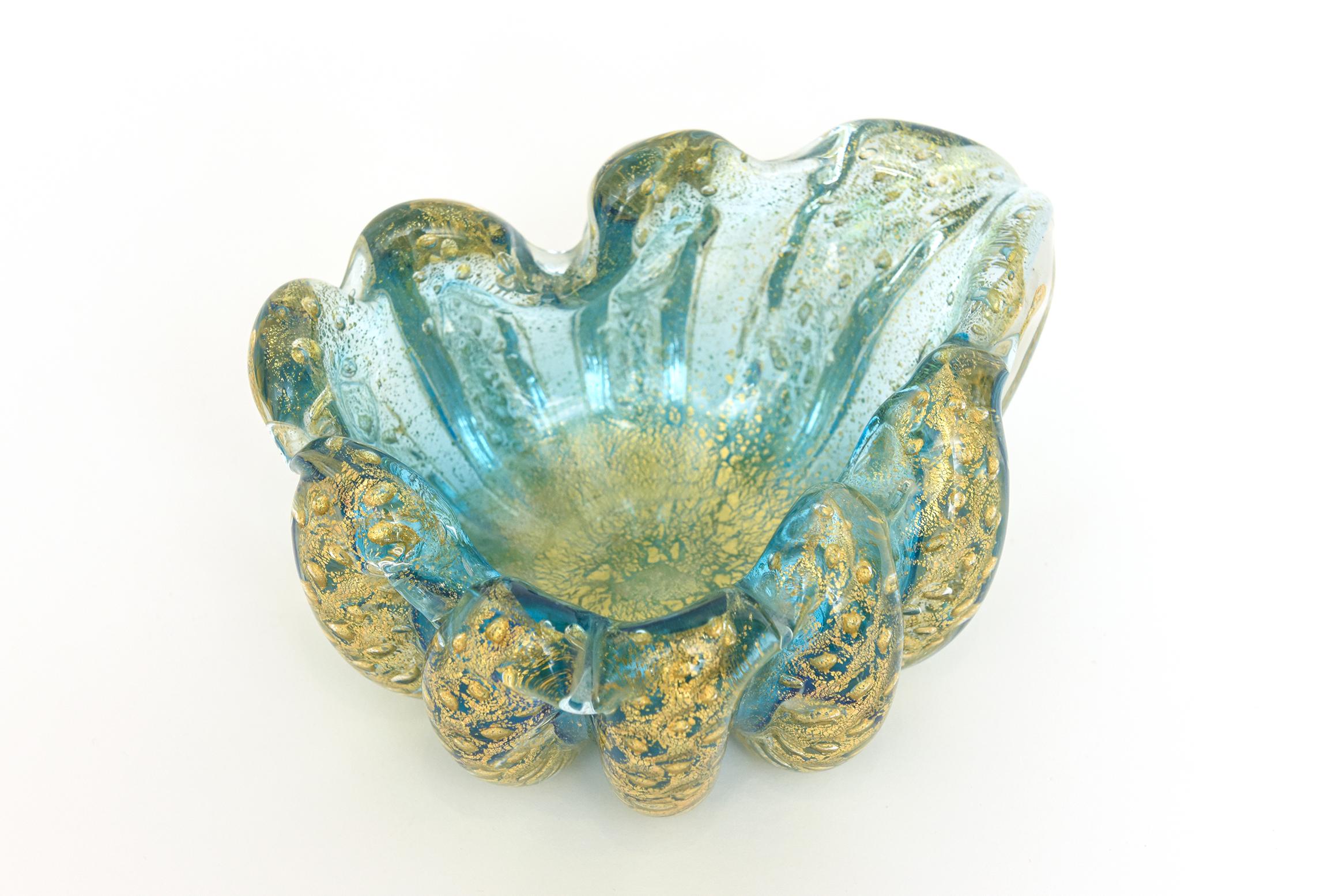 Mid-Century Modern Barovier e Toso Murano Cordonato D' Oro Sea Mist Turquoise and Gold Glass Bowl For Sale