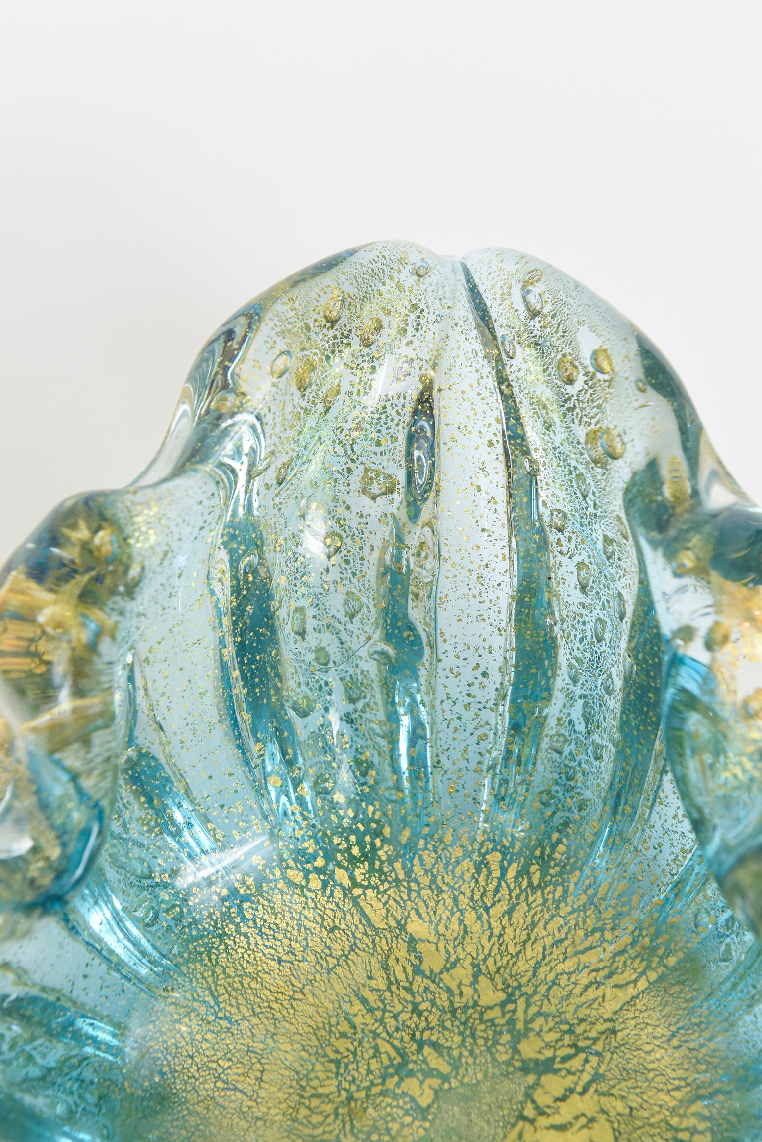 Blown Glass Barovier e Toso Murano Cordonato D' Oro Sea Mist Turquoise and Gold Glass Bowl For Sale