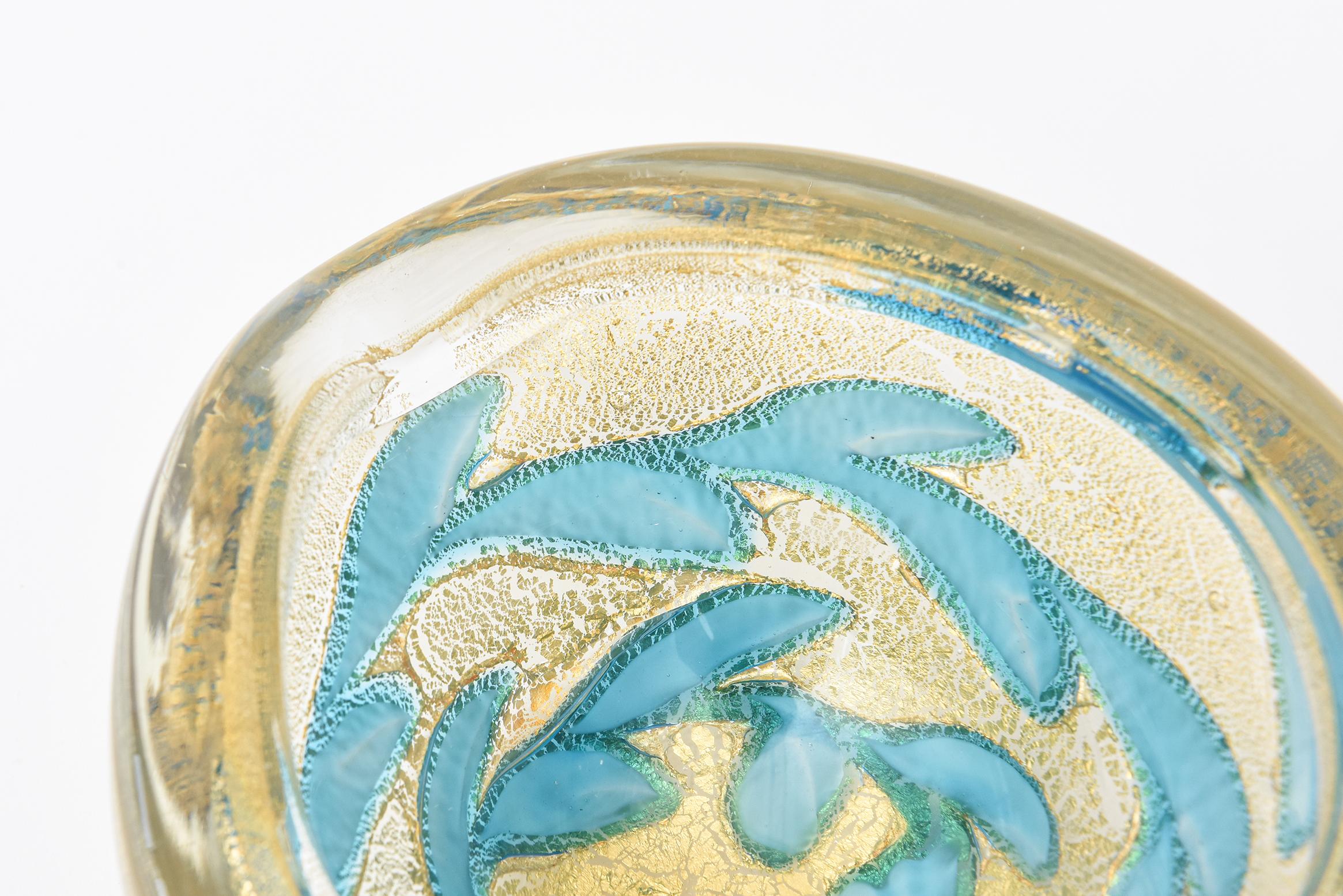 Blown Glass Barovier e Toso Murano Gold Aventurine and Turquoise Glass Bowl Midcentury