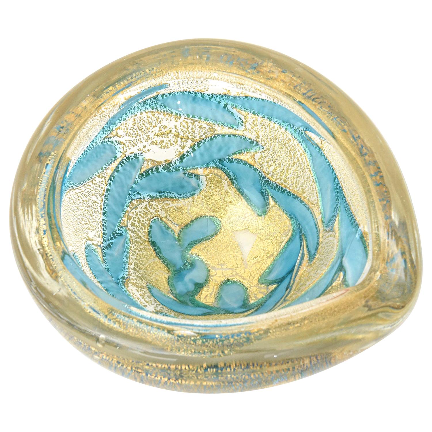 Barovier e Toso Murano Gold Aventurine and Turquoise Glass Bowl Midcentury
