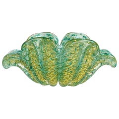 Barovier e Toso Murano Green Gold Flecks Italian Art Glass Flower Form Bowl Dish