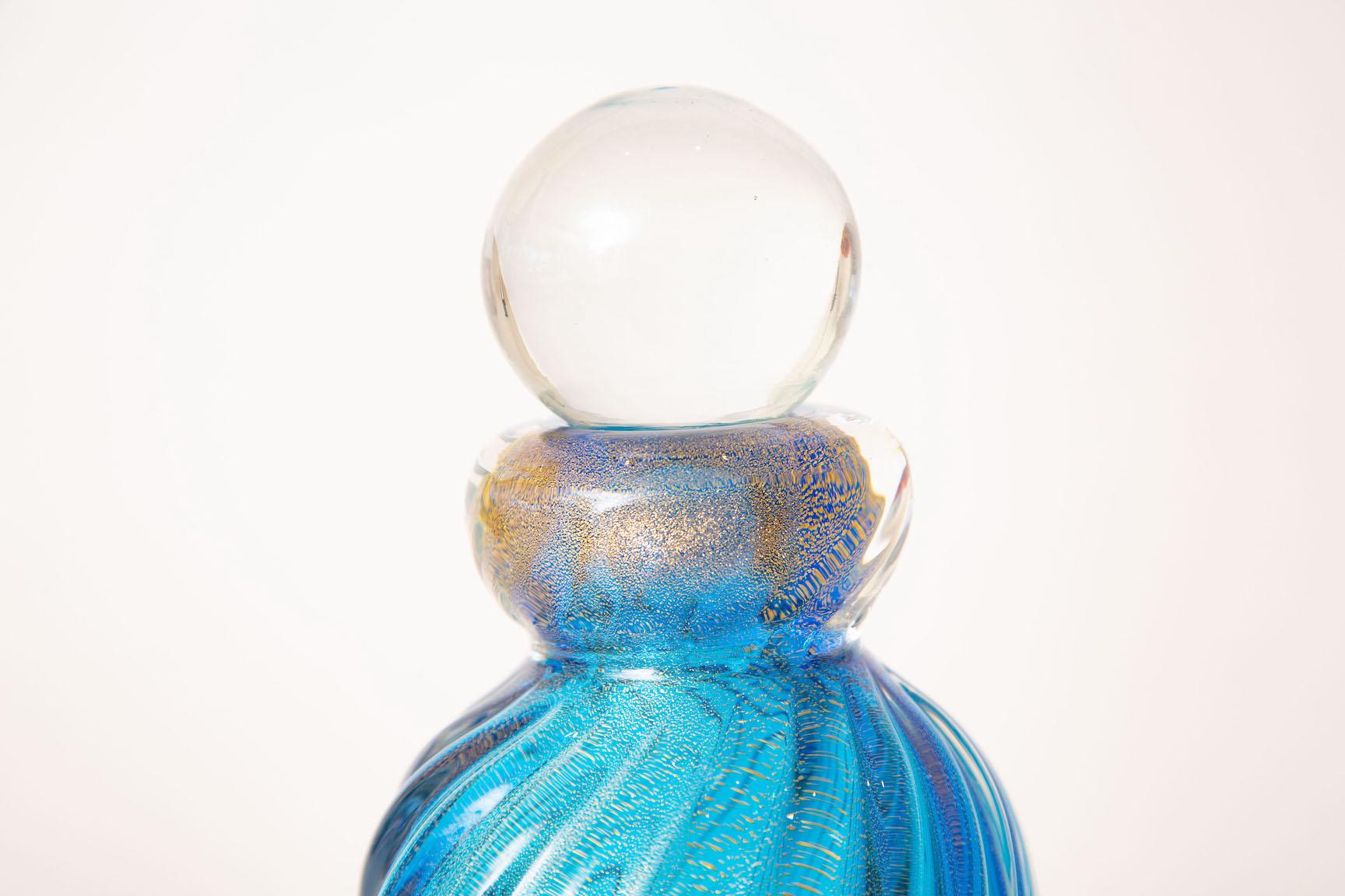 European Barovier e Toso Murano Sapphire Blue and Gold Aventurine Bottle with Ball