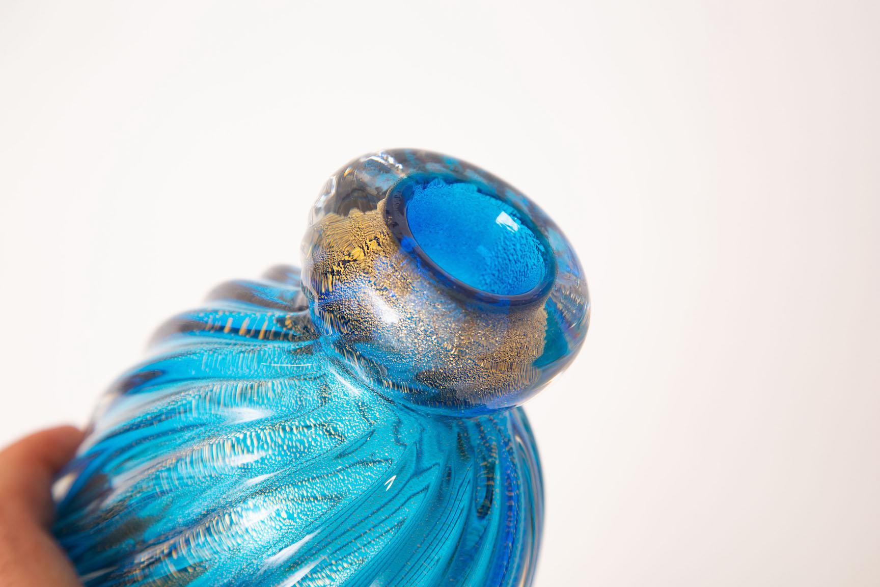 Mid-20th Century Barovier e Toso Murano Sapphire Blue and Gold Aventurine Bottle with Ball