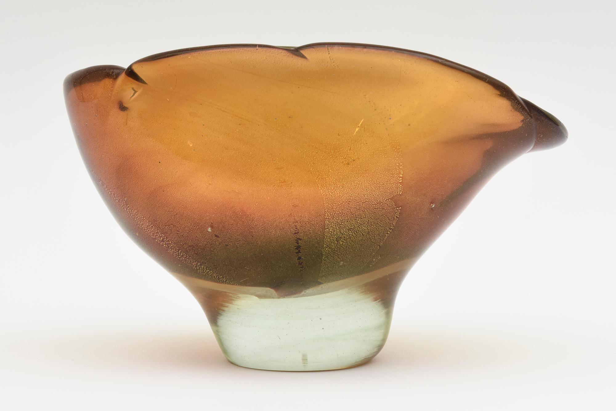 Italian Barovier e Toso Murano Thick Walled Amber Green and Gold Aventurine Glass Bowl For Sale